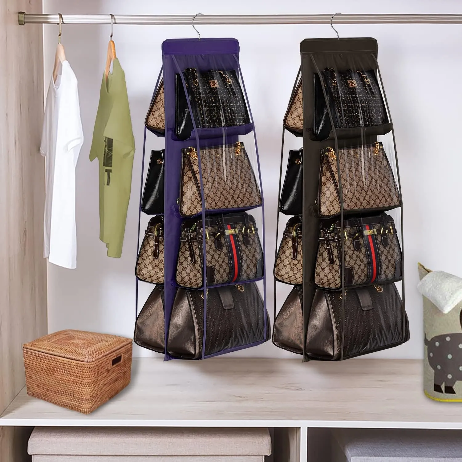 Lirex 2-Pack Handbag Hanging Purse Organizer for Closet, 8 Pocket Handbag Storage Organizer Hanger Oxford Cloth Closet Organizer for Family Closet Bedroom, Foldable and Universal Fit, Dark Brown