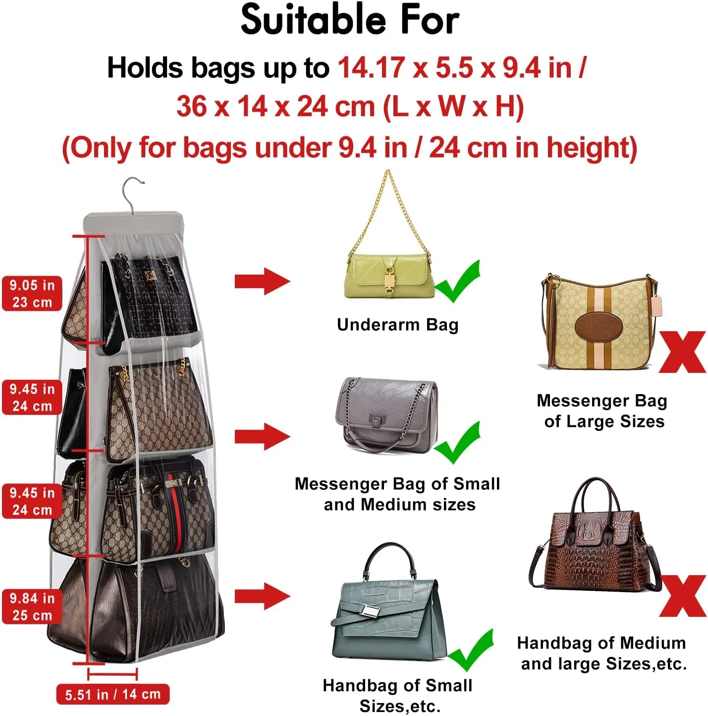Lirex 2-Pack Handbag Hanging Purse Organizer for Closet, 8 Pocket Handbag Storage Organizer Hanger Oxford Cloth Closet Organizer for Family Closet Bedroom, Foldable and Universal Fit, Dark Brown