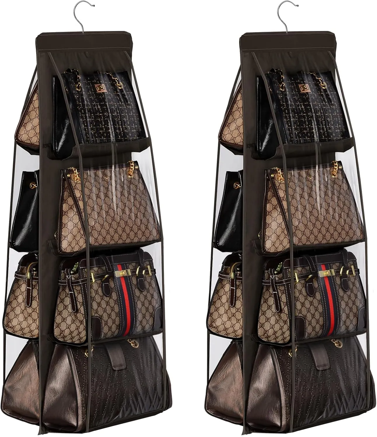 Lirex 2-Pack Handbag Hanging Purse Organizer for Closet, 8 Pocket Handbag Storage Organizer Hanger Oxford Cloth Closet Organizer for Family Closet Bedroom, Foldable and Universal Fit, Dark Brown