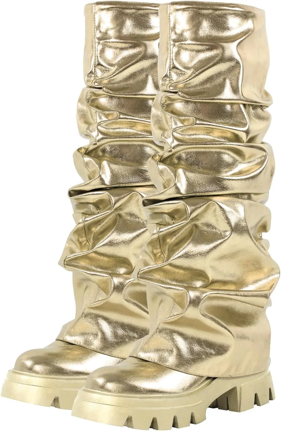 LISHAN Women's Platform Heel Metallic Fold Over Pull on Shark Ruched Boots