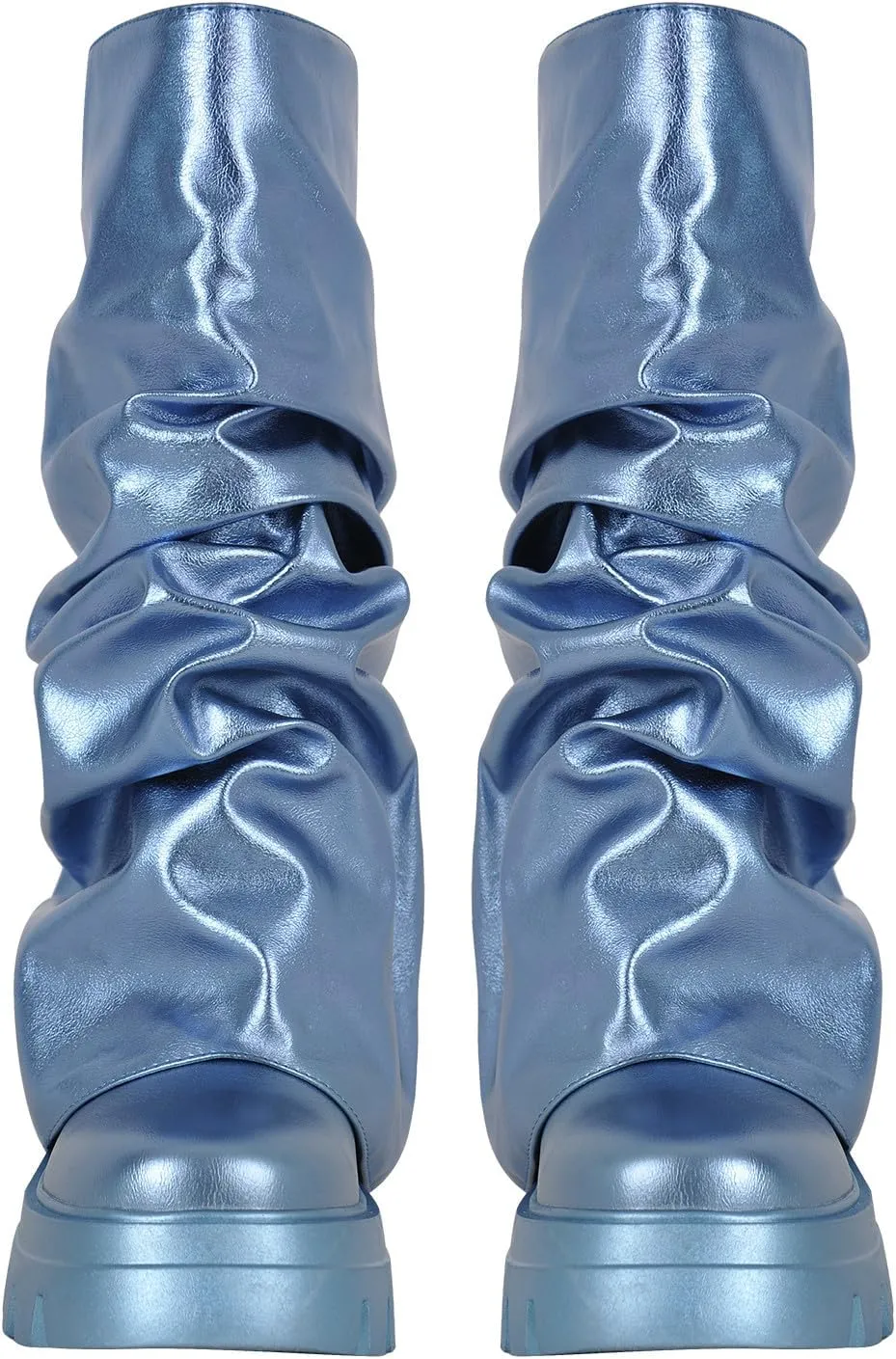 LISHAN Women's Platform Heel Metallic Fold Over Pull on Shark Ruched Boots