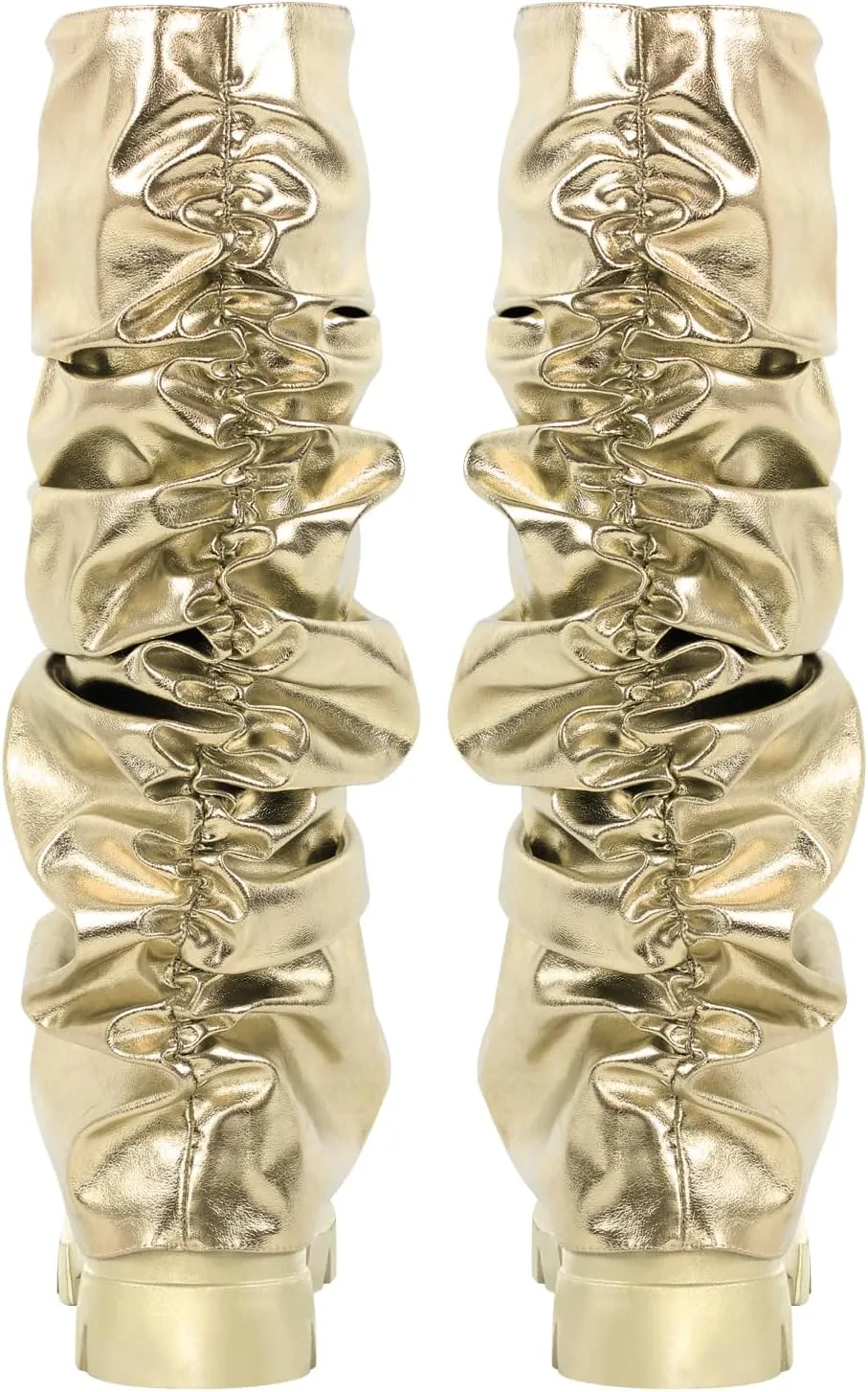 LISHAN Women's Platform Heel Metallic Fold Over Pull on Shark Ruched Boots
