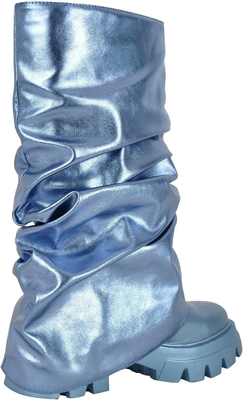 LISHAN Women's Platform Heel Metallic Fold Over Pull on Shark Ruched Boots