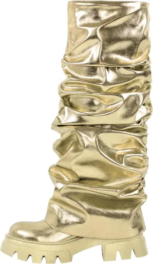 LISHAN Women's Platform Heel Metallic Fold Over Pull on Shark Ruched Boots