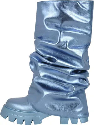 LISHAN Women's Platform Heel Metallic Fold Over Pull on Shark Ruched Boots