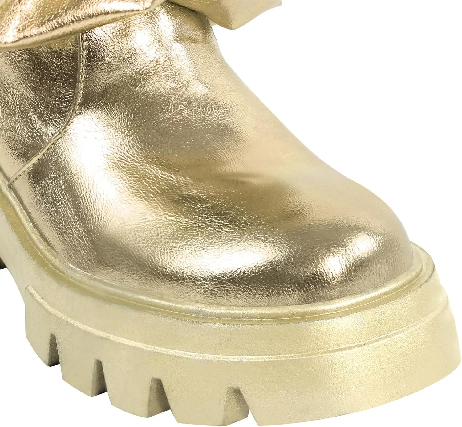 LISHAN Women's Platform Heel Metallic Fold Over Pull on Shark Ruched Boots