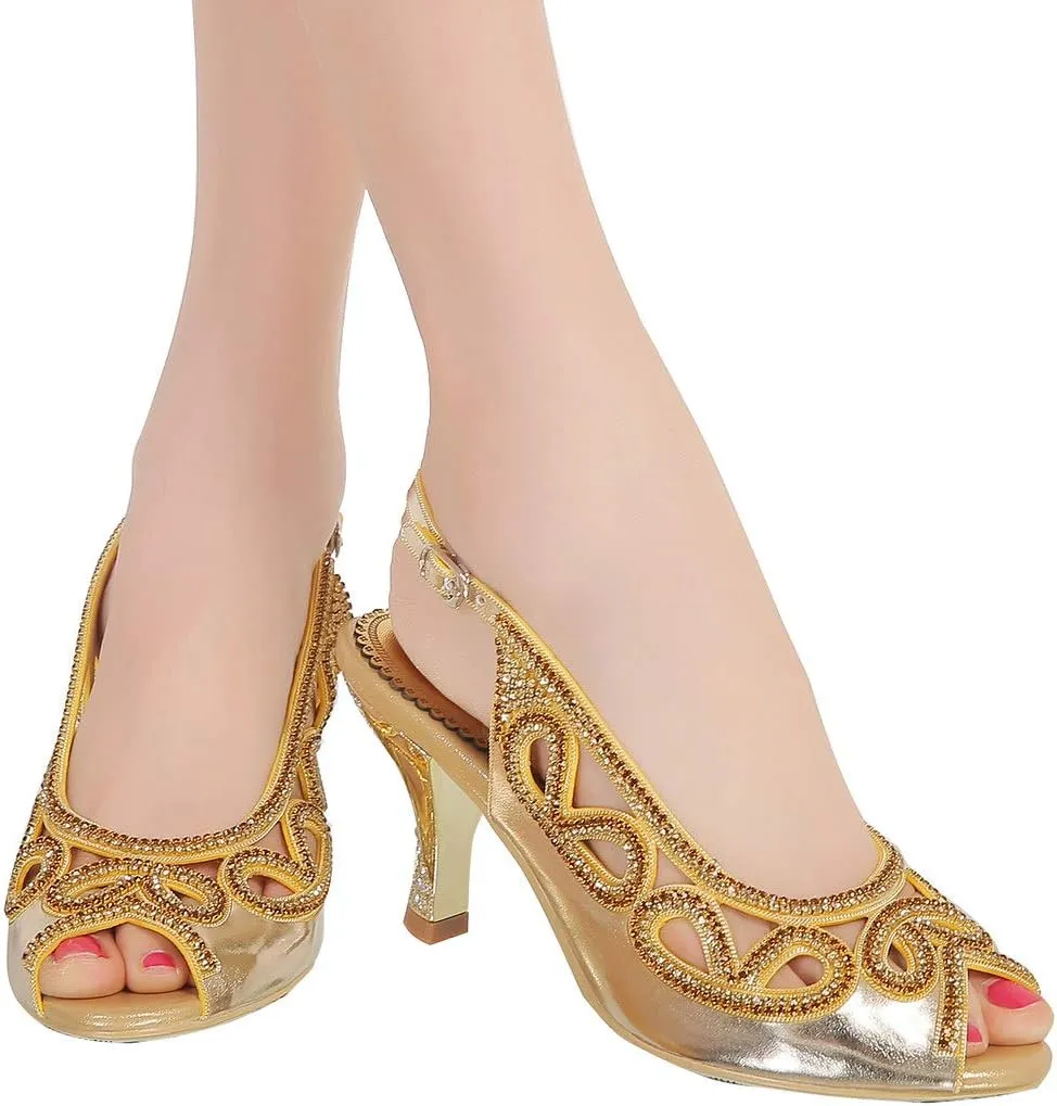 LizFoYa Women Peep Toe Wedding Low Heels Cutout Slingback Club Evening Dress Pumps
