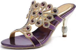 LizFoYa Women Strappy Flowers Sandal High Heels Crystals Cutout Dress Slipper Shoes