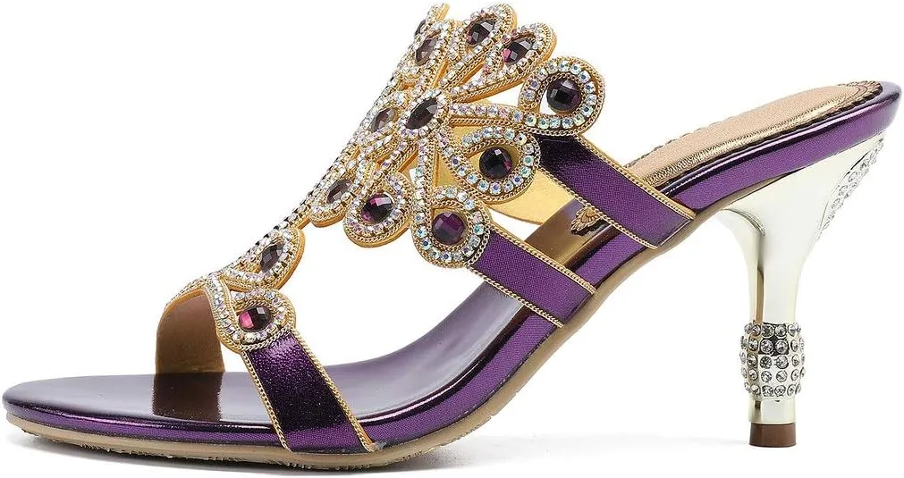 LizFoYa Women Strappy Flowers Sandal High Heels Crystals Cutout Dress Slipper Shoes