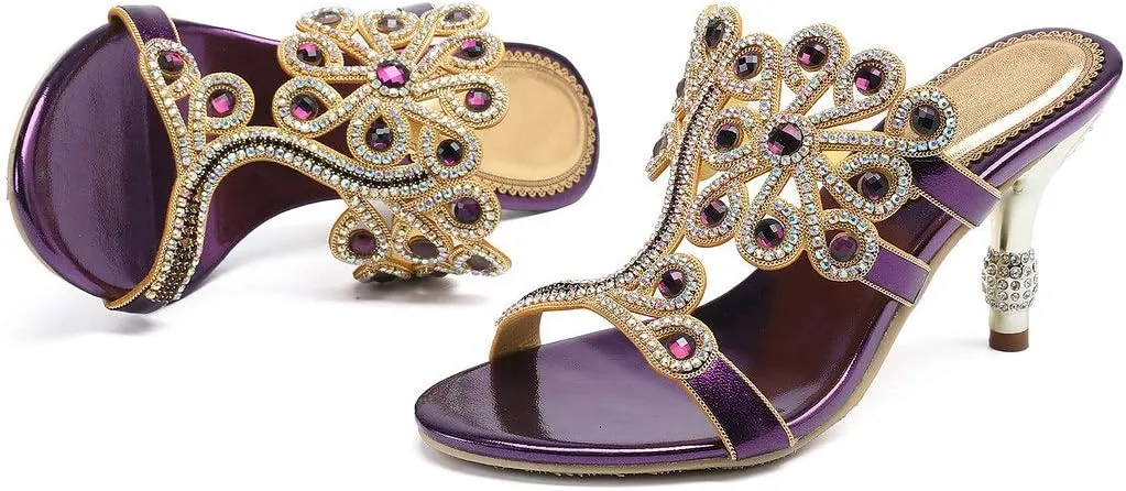 LizFoYa Women Strappy Flowers Sandal High Heels Crystals Cutout Dress Slipper Shoes