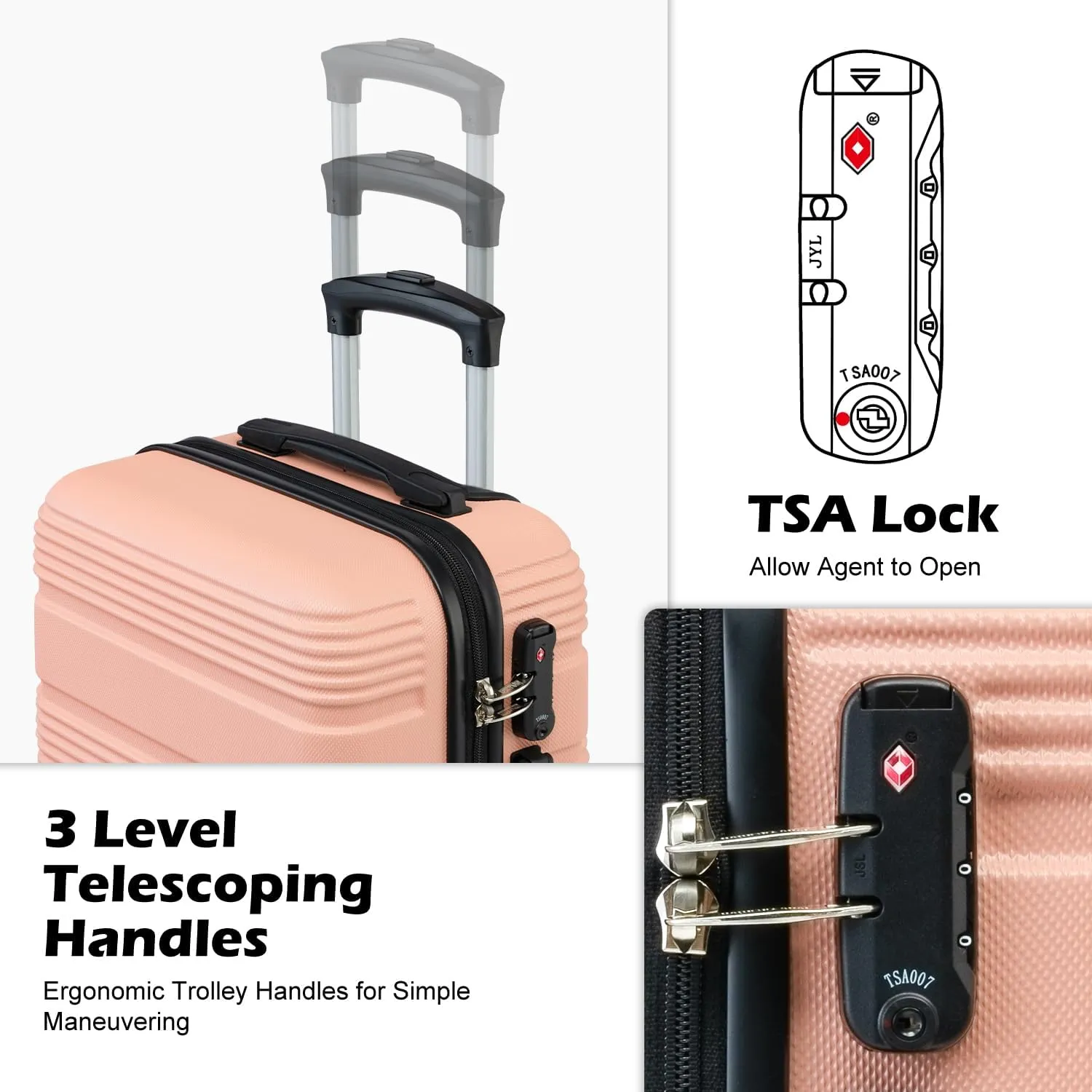 LONG VACATION Luggage Set Lightweight Carry on Suitcase ABS Hardshell Luggage TSA Lock Spinner Wheels(6 piece set, PINK)