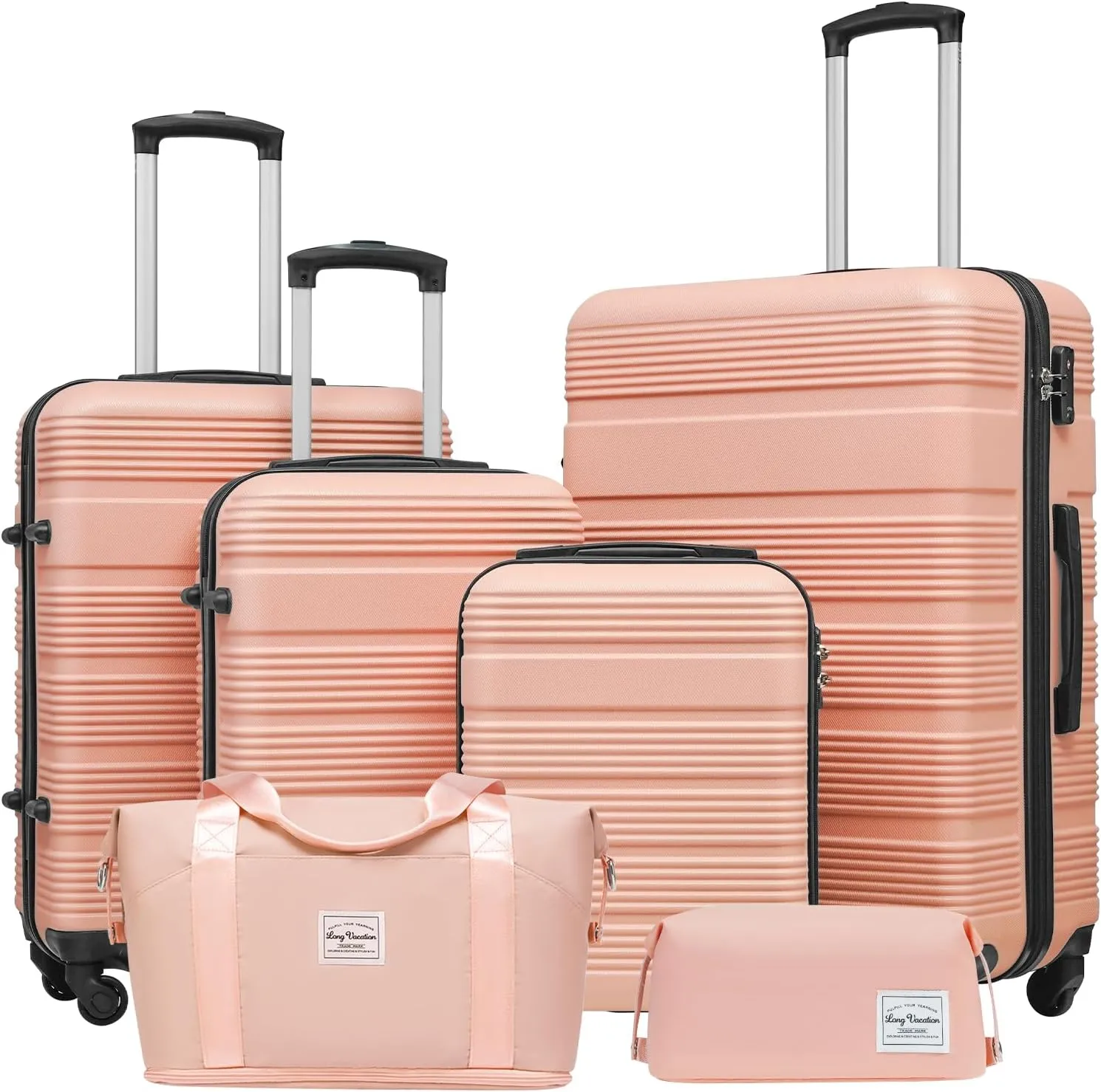 LONG VACATION Luggage Set Lightweight Carry on Suitcase ABS Hardshell Luggage TSA Lock Spinner Wheels(6 piece set, PINK)