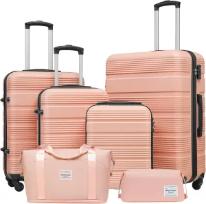 LONG VACATION Luggage Set Lightweight Carry on Suitcase ABS Hardshell Luggage TSA Lock Spinner Wheels(6 piece set, PINK)