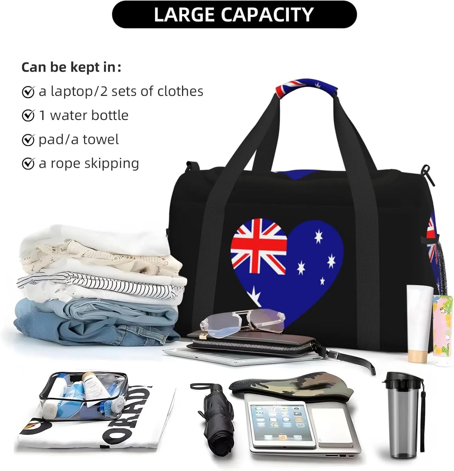 Love Australian Flag Travel Duffel Bag Large Foldable Waterproof Overnight Bag For Beach Swim Bags Pool Sports Gym
