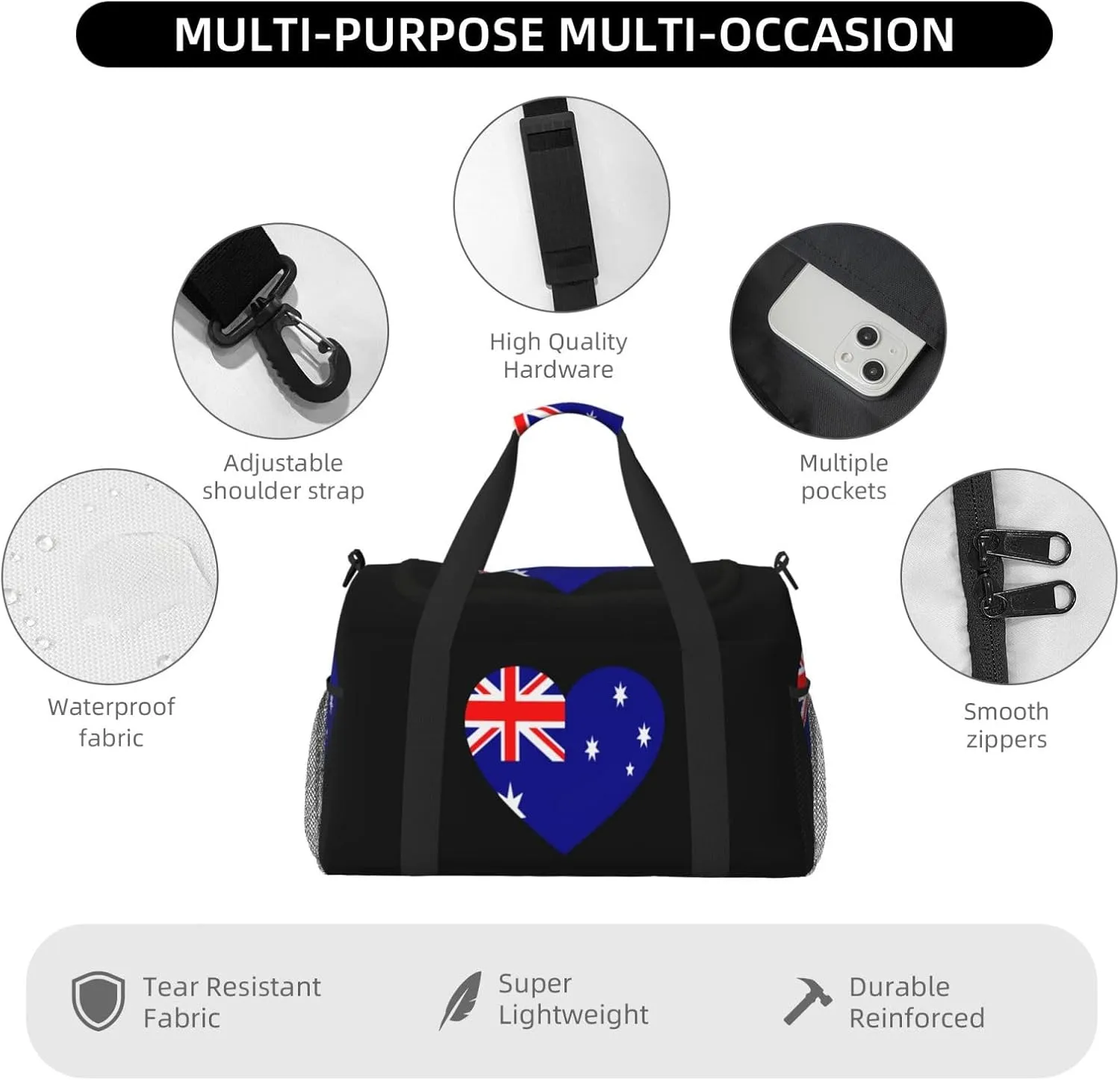 Love Australian Flag Travel Duffel Bag Large Foldable Waterproof Overnight Bag For Beach Swim Bags Pool Sports Gym