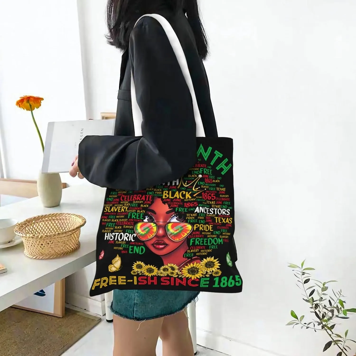 Love Sunflower Juneteenth Festival Tote Bag Reusable Shoulder Tote Bag For Women Lady Vacation, Shopping, Work