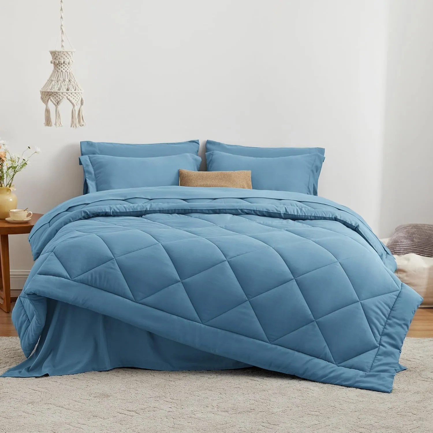 Love's cabin Full Comforter Set Misty Blue, 7 Pieces Full Bed in a Bag, All Season Bedding Sets with 1 Comforter, 1 Flat Sheet, 1 Fitted Sheet, 2 Pillowcase and 2 Pillow Sham