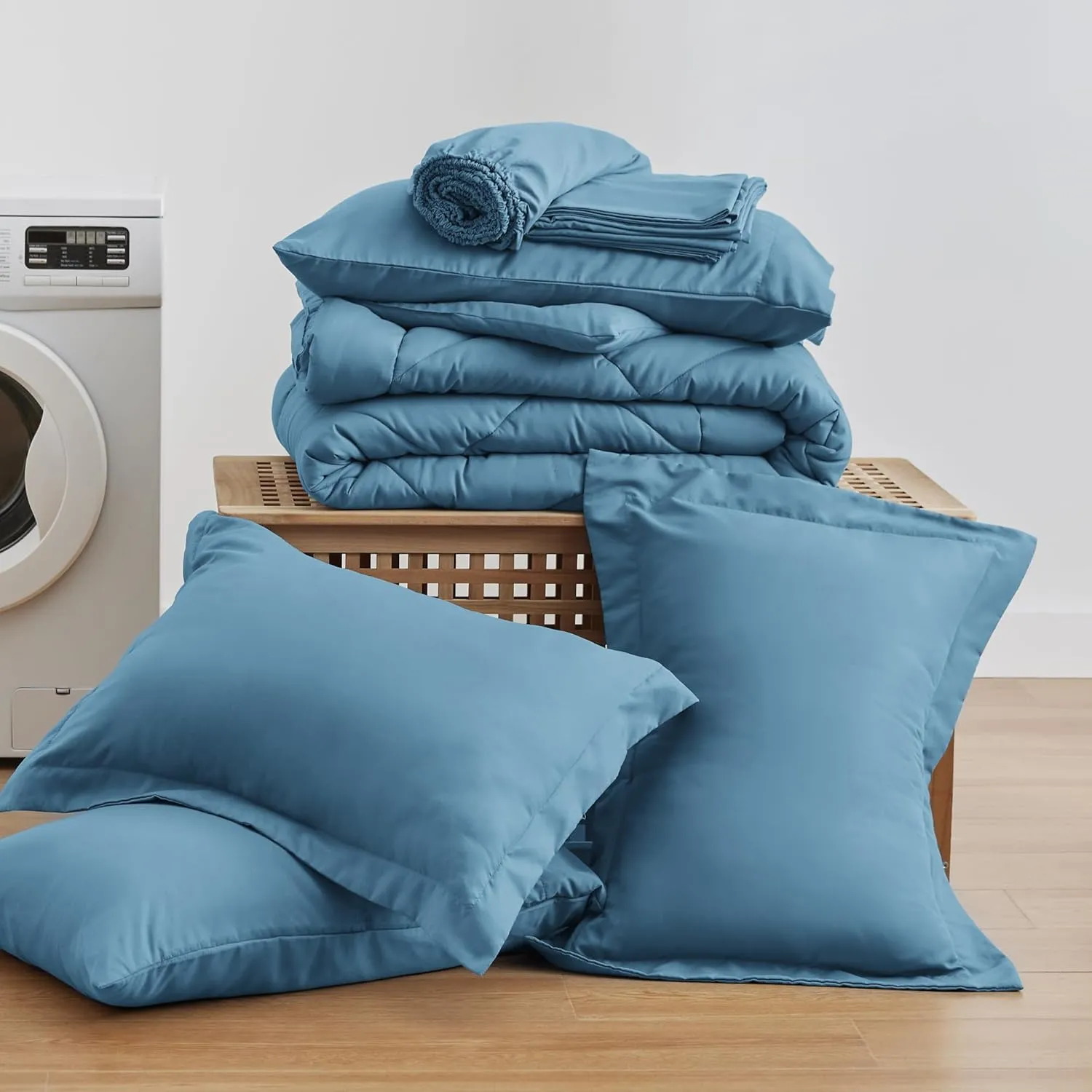 Love's cabin Full Comforter Set Misty Blue, 7 Pieces Full Bed in a Bag, All Season Bedding Sets with 1 Comforter, 1 Flat Sheet, 1 Fitted Sheet, 2 Pillowcase and 2 Pillow Sham