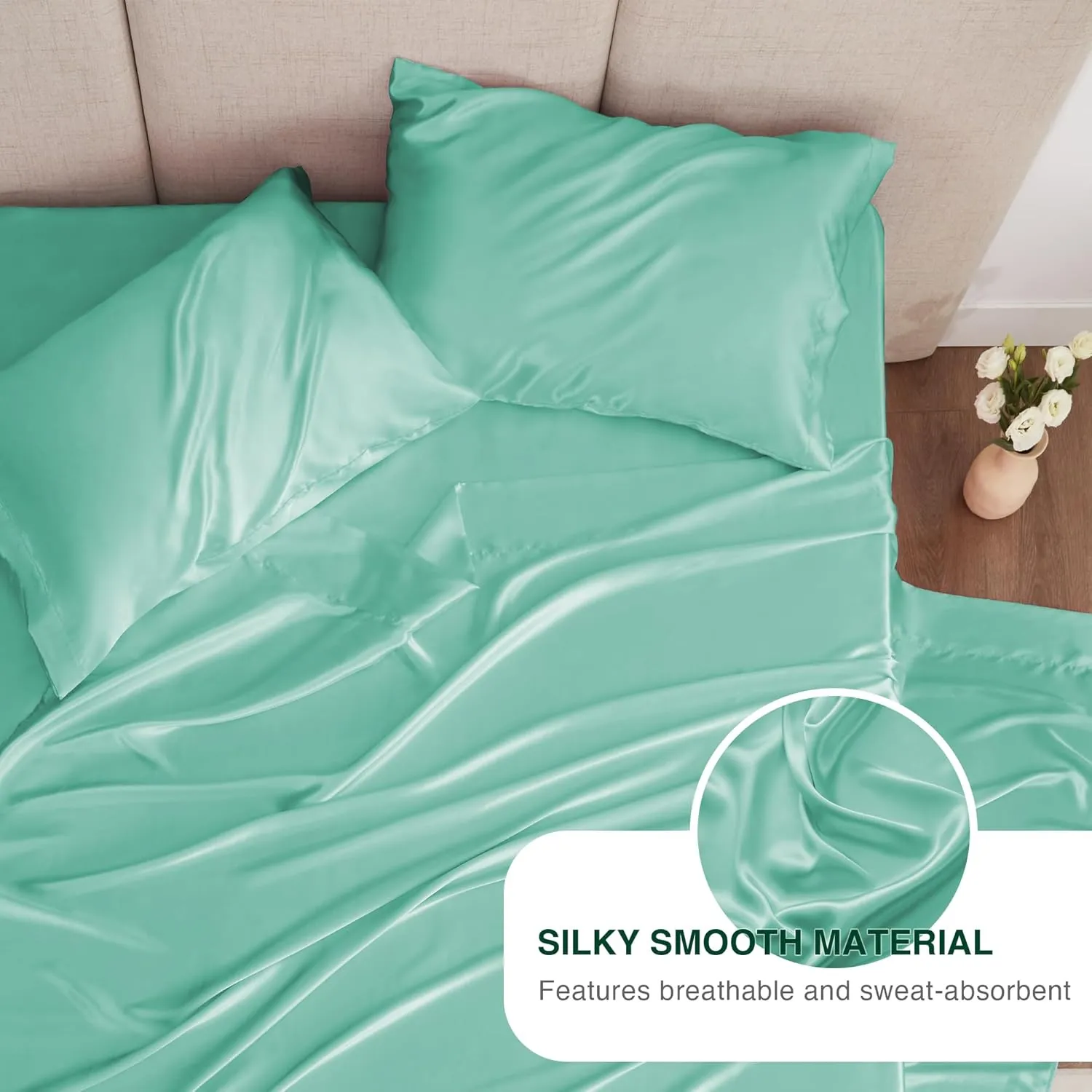 Love's cabin Satin Queen Sheets Set - 4 Piece Aqua Silky Bed Sheets with Deep Pocket, Luxury Silk Feel Satin Queen Size Sheet Set (1 Flat Sheet,1 Fitted Sheet,2 Pillow Cases)