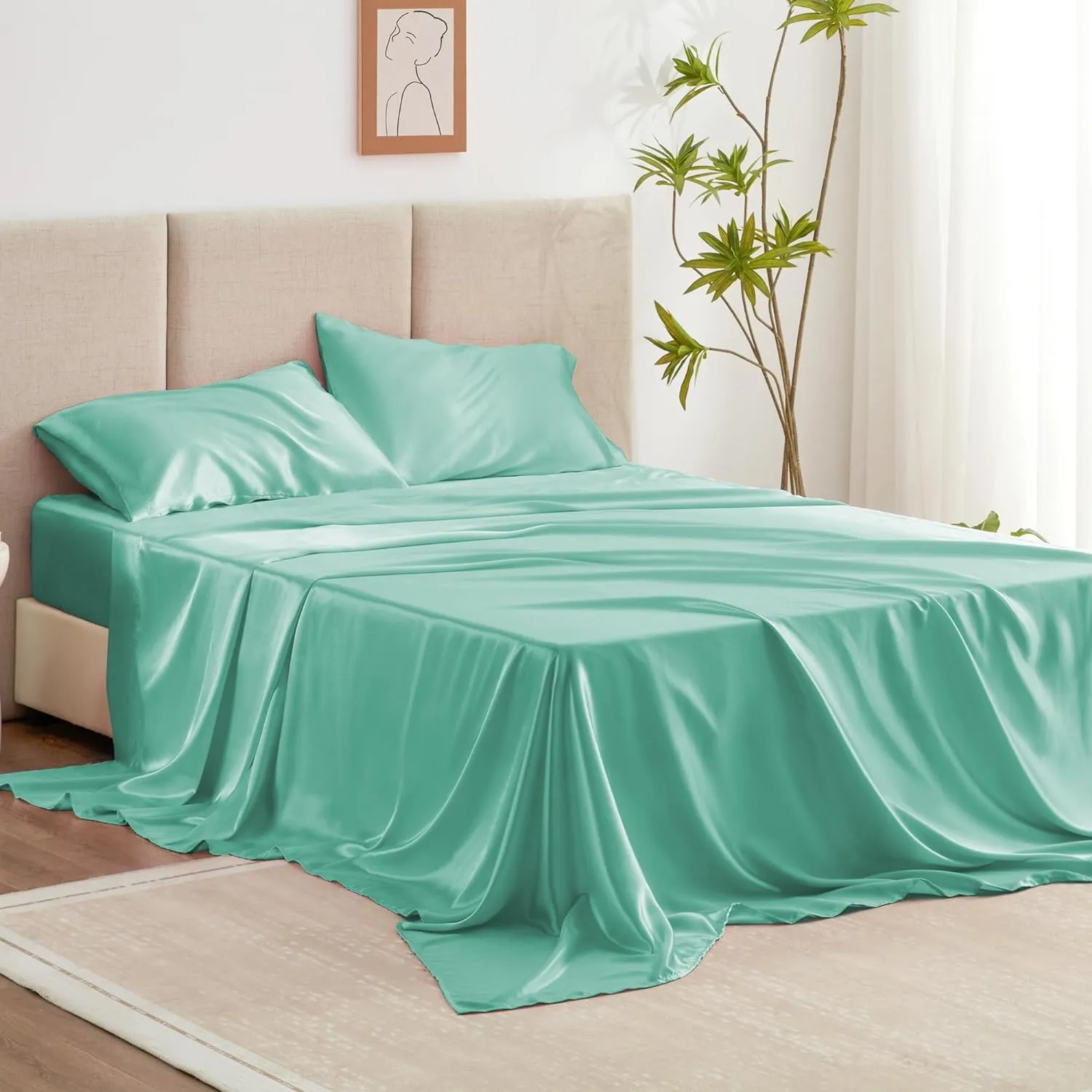 Love's cabin Satin Queen Sheets Set - 4 Piece Aqua Silky Bed Sheets with Deep Pocket, Luxury Silk Feel Satin Queen Size Sheet Set (1 Flat Sheet,1 Fitted Sheet,2 Pillow Cases)