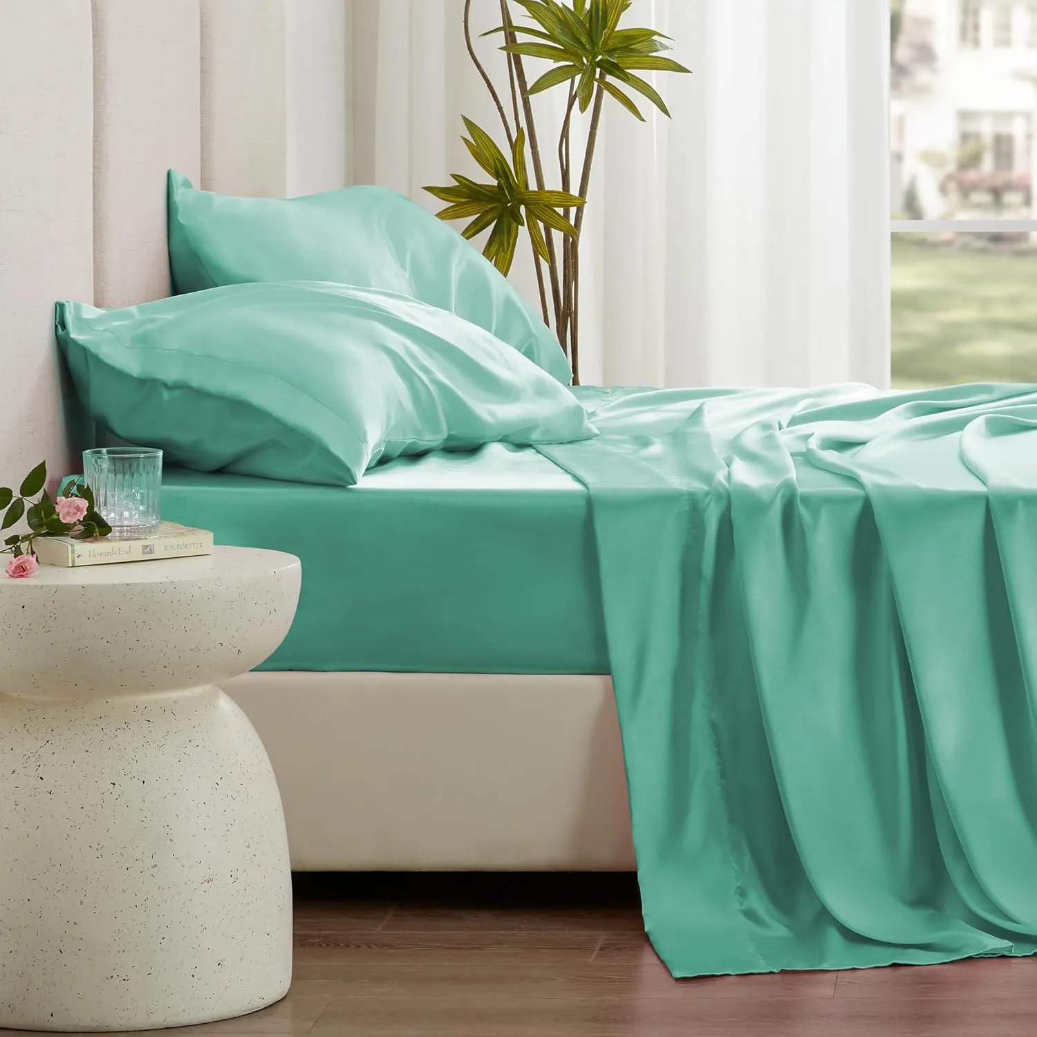 Love's cabin Satin Queen Sheets Set - 4 Piece Aqua Silky Bed Sheets with Deep Pocket, Luxury Silk Feel Satin Queen Size Sheet Set (1 Flat Sheet,1 Fitted Sheet,2 Pillow Cases)