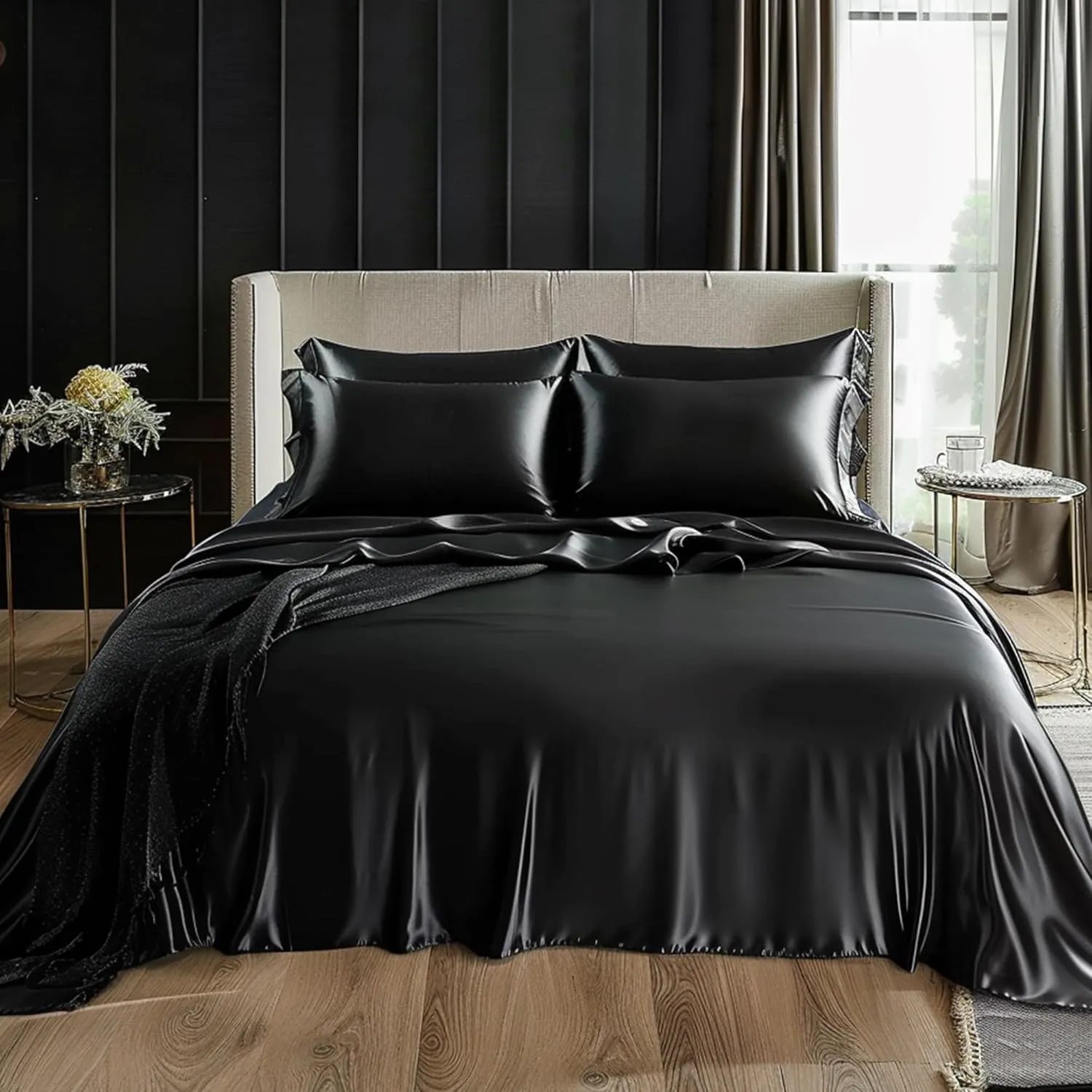 Love's cabin Satin Queen Sheets Set - 4 Piece Black Silky Bed Sheets Set with Deep Pocket, Luxury Silk Feel Satin Queen Size Sheet Set (1 Flat Sheet,1 Fitted Sheet,2 Pillow Cases)