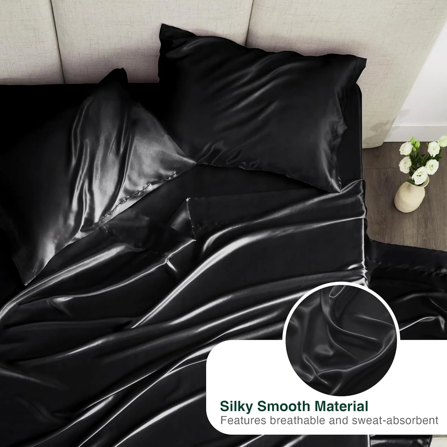 Love's cabin Satin Queen Sheets Set - 4 Piece Black Silky Bed Sheets Set with Deep Pocket, Luxury Silk Feel Satin Queen Size Sheet Set (1 Flat Sheet,1 Fitted Sheet,2 Pillow Cases)