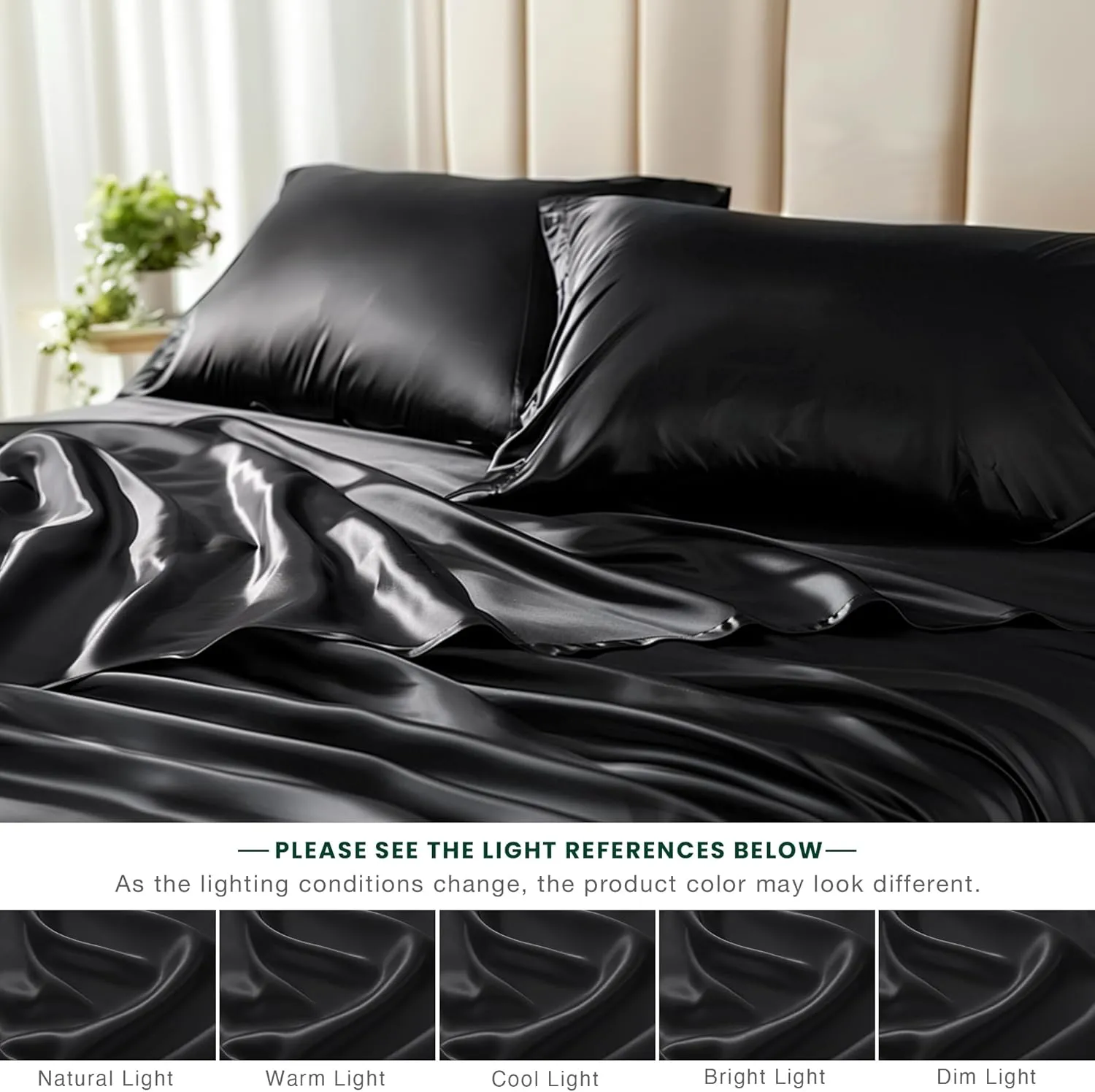 Love's cabin Satin Queen Sheets Set - 4 Piece Black Silky Bed Sheets Set with Deep Pocket, Luxury Silk Feel Satin Queen Size Sheet Set (1 Flat Sheet,1 Fitted Sheet,2 Pillow Cases)