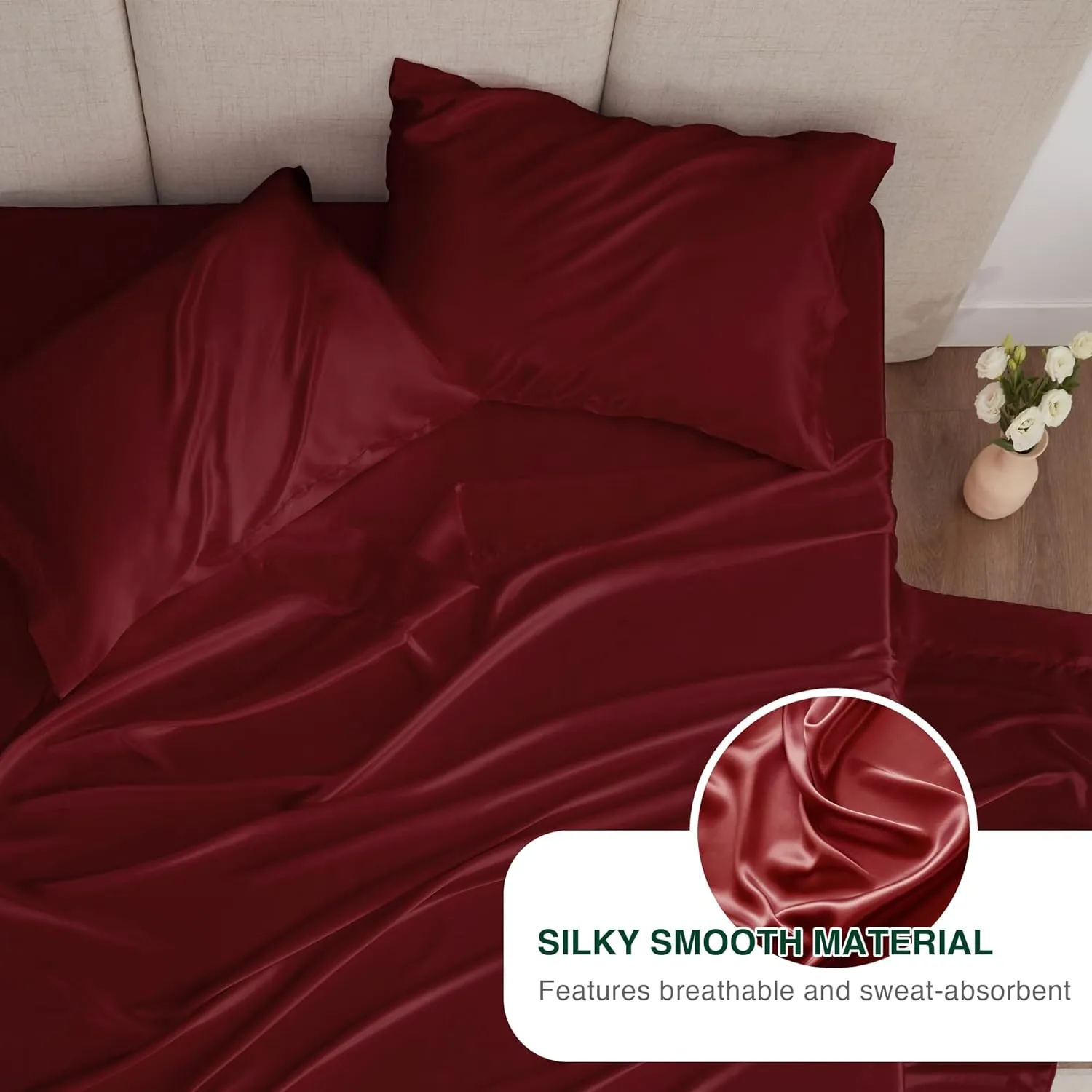 Love's cabin Satin Queen Sheets Set - 4 Piece Burgundy Silky Bed Sheets with Deep Pocket, Luxury Silk Feel Satin Queen Size Sheet Set (1 Flat Sheet,1 Fitted Sheet,2 Pillow Cases)