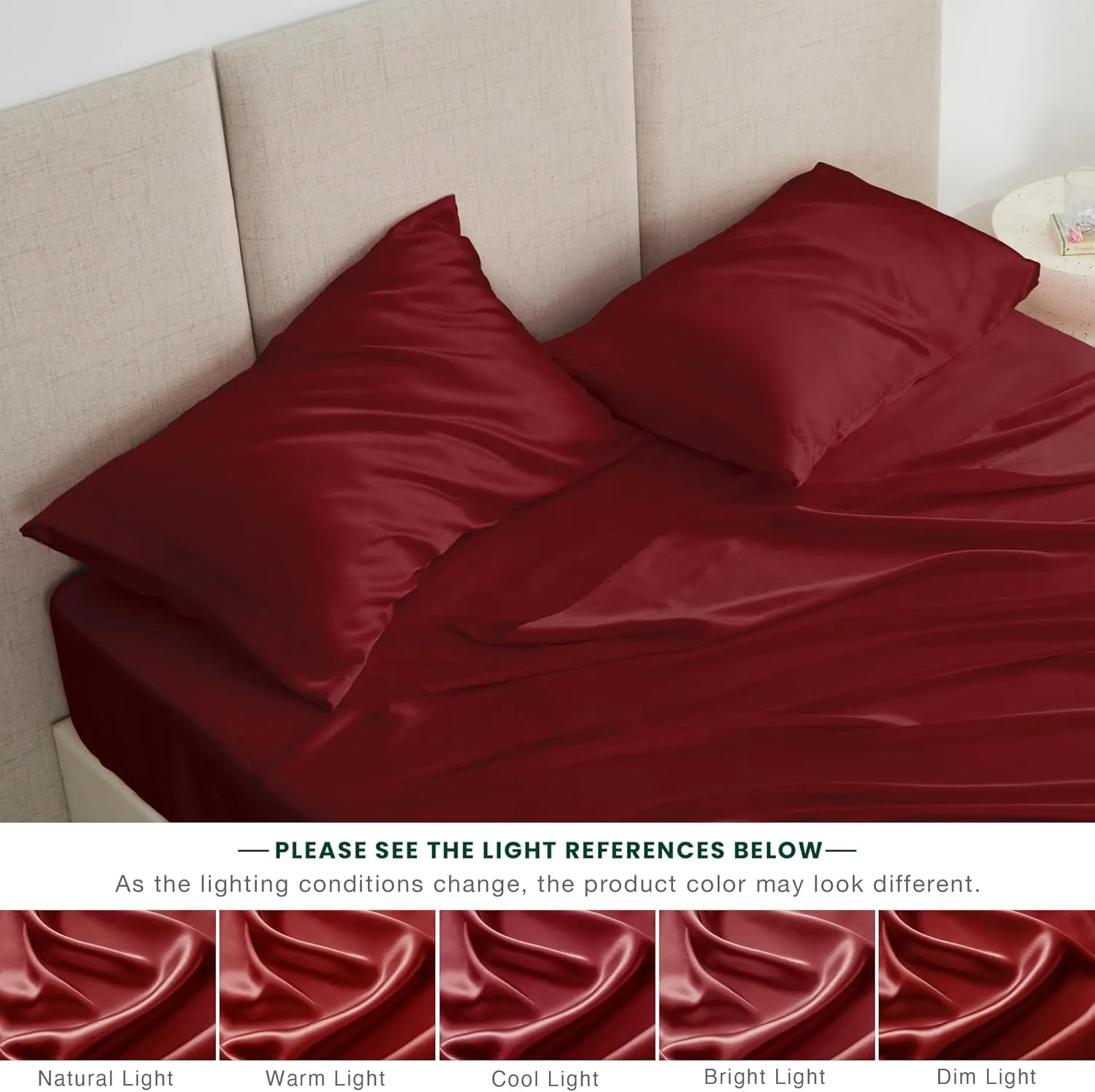 Love's cabin Satin Queen Sheets Set - 4 Piece Burgundy Silky Bed Sheets with Deep Pocket, Luxury Silk Feel Satin Queen Size Sheet Set (1 Flat Sheet,1 Fitted Sheet,2 Pillow Cases)