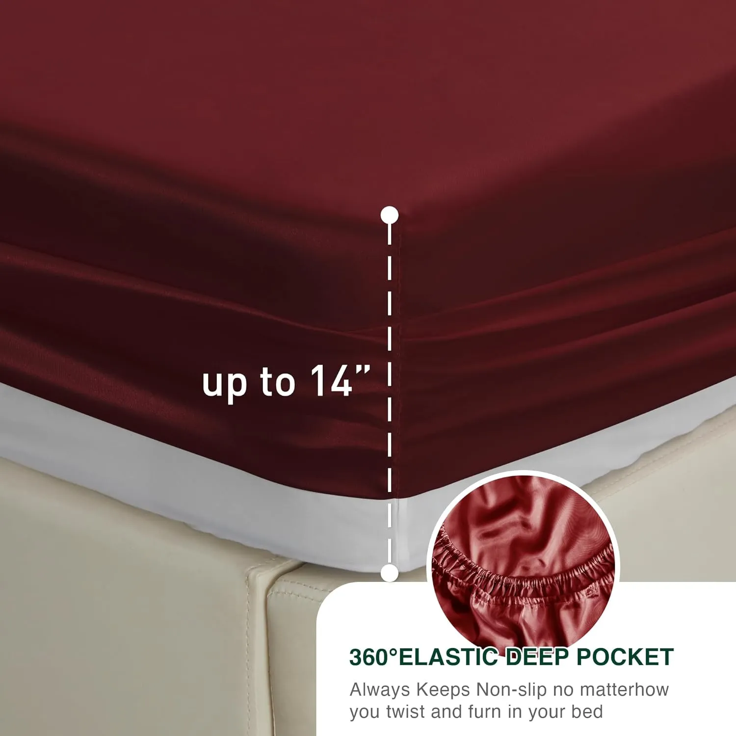 Love's cabin Satin Queen Sheets Set - 4 Piece Burgundy Silky Bed Sheets with Deep Pocket, Luxury Silk Feel Satin Queen Size Sheet Set (1 Flat Sheet,1 Fitted Sheet,2 Pillow Cases)