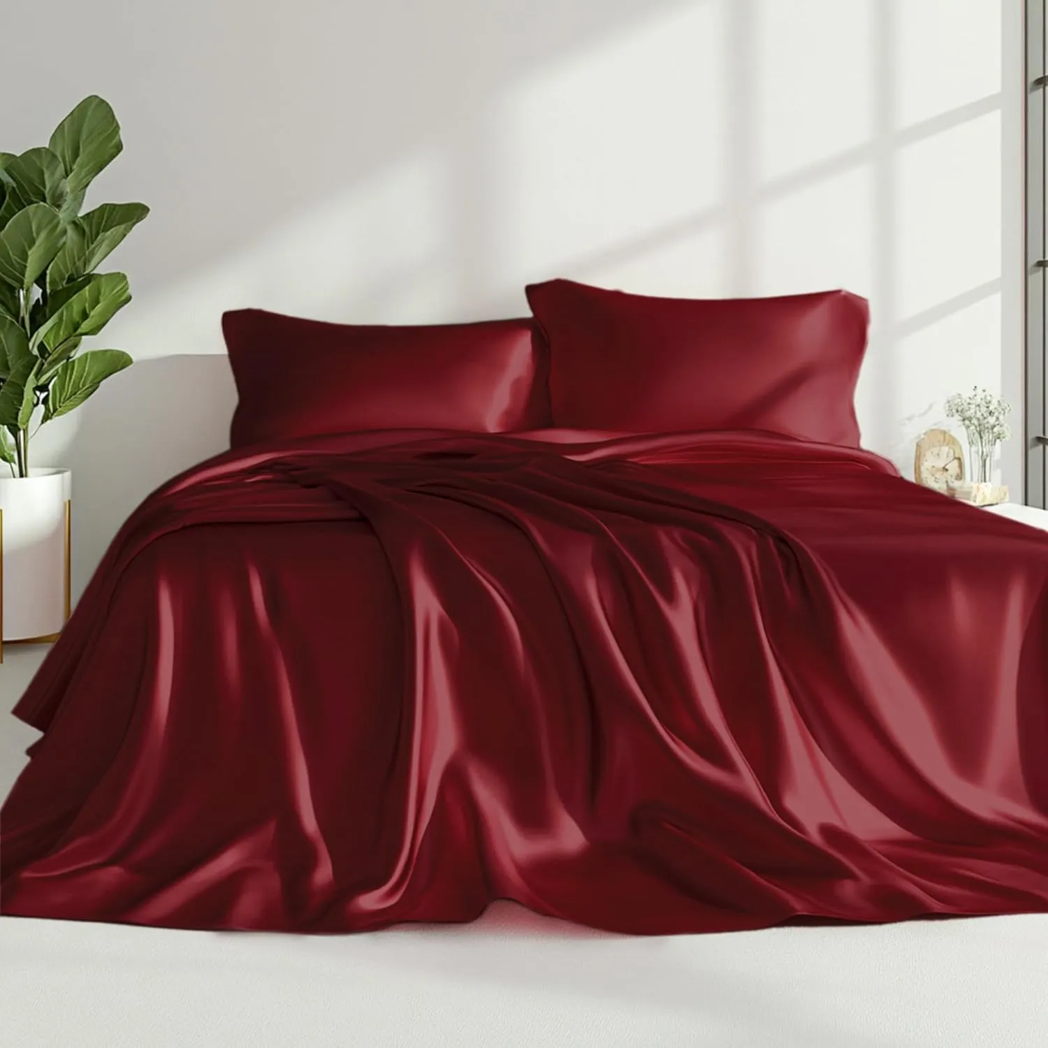 Love's cabin Satin Queen Sheets Set - 4 Piece Burgundy Silky Bed Sheets with Deep Pocket, Luxury Silk Feel Satin Queen Size Sheet Set (1 Flat Sheet,1 Fitted Sheet,2 Pillow Cases)