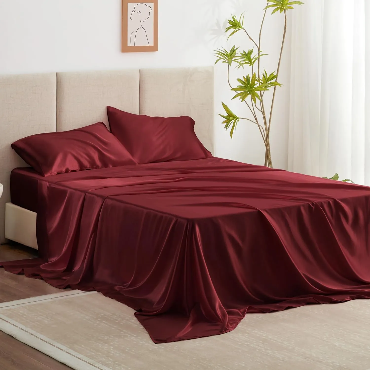 Love's cabin Satin Queen Sheets Set - 4 Piece Burgundy Silky Bed Sheets with Deep Pocket, Luxury Silk Feel Satin Queen Size Sheet Set (1 Flat Sheet,1 Fitted Sheet,2 Pillow Cases)
