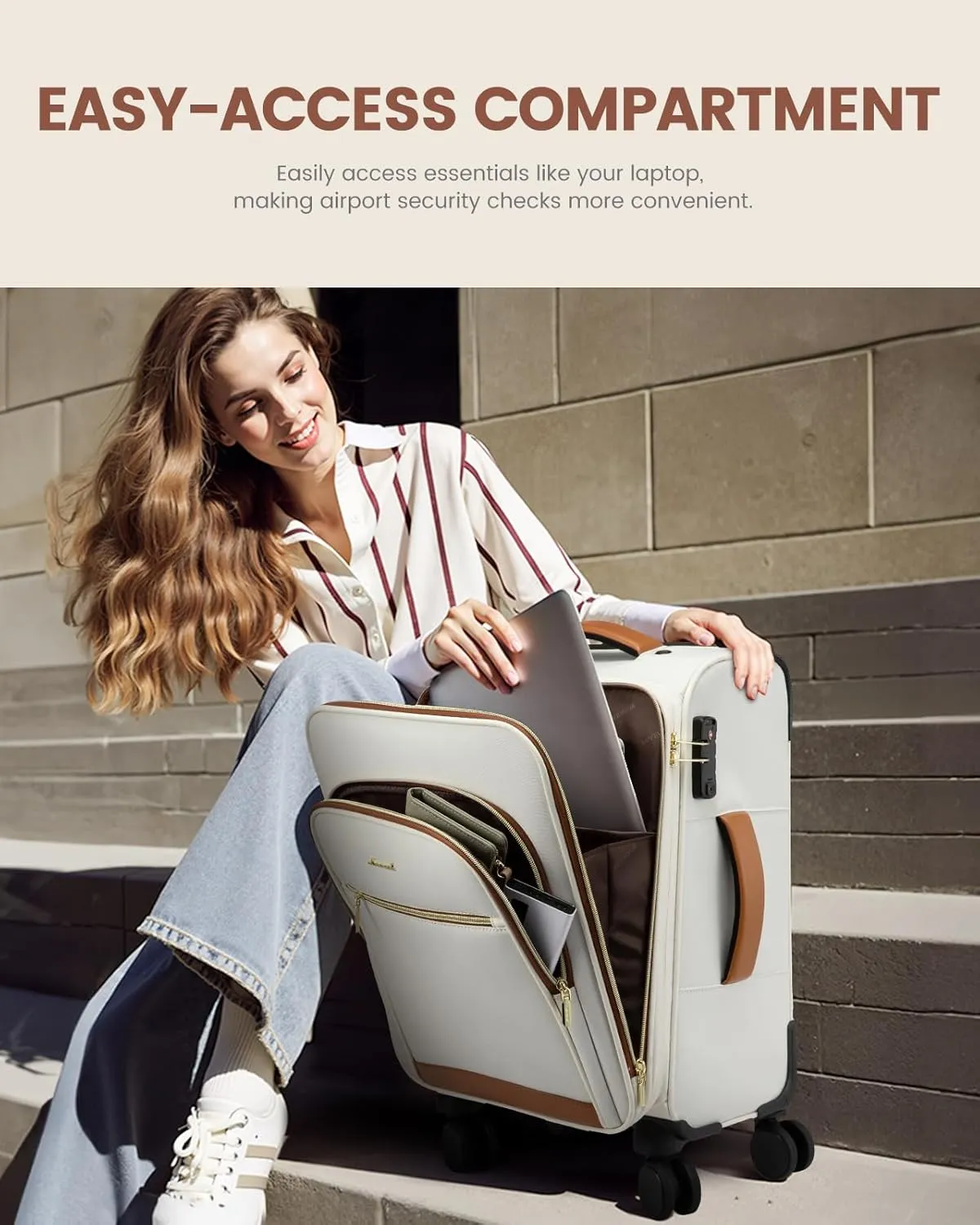LOVEVOOK Carry On Luggage 22x14x9 Airline Approved with Spinner Wheels, 20 Inch Softside Suitcases for Travel, Lightweight Rolling Carry on Suitcase with TSA Lock for Women Men Weekender, Beige-brown