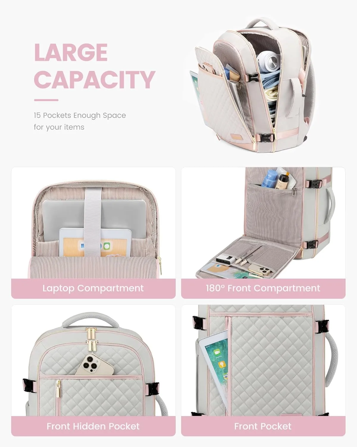 LOVEVOOK Large Travel Backpack for Women, 40L Carry on Backpack for Airplanes,TSA Personal Item Travel Bag fits 17" Laptop,Travel Essentials Carry On Bag Flight Approved with 3 Packing Cubes