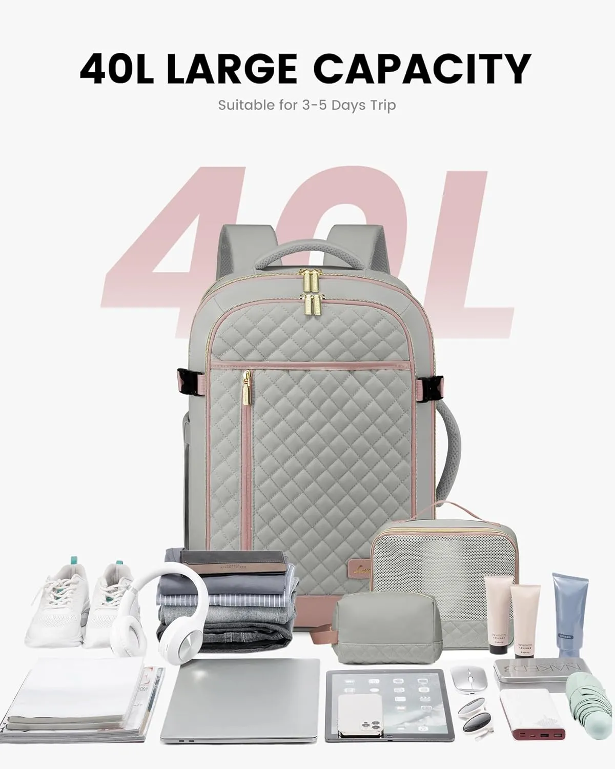 LOVEVOOK Large Travel Backpack for Women, 40L Carry on Backpack for Airplanes,TSA Personal Item Travel Bag fits 17" Laptop,Travel Essentials Carry On Bag Flight Approved with 3 Packing Cubes
