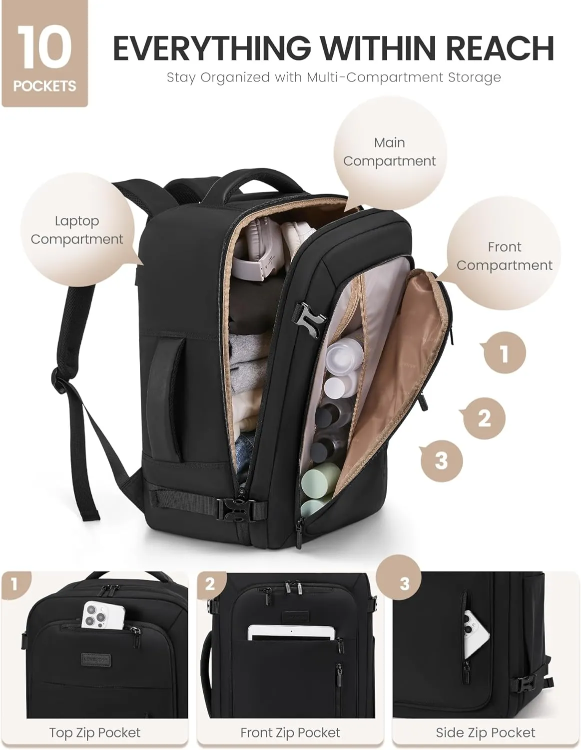 LOVEVOOK Travel Backpack For Women Men, 50L Carry On Backpack,18" Flight Approved Personal Item Travel Bag