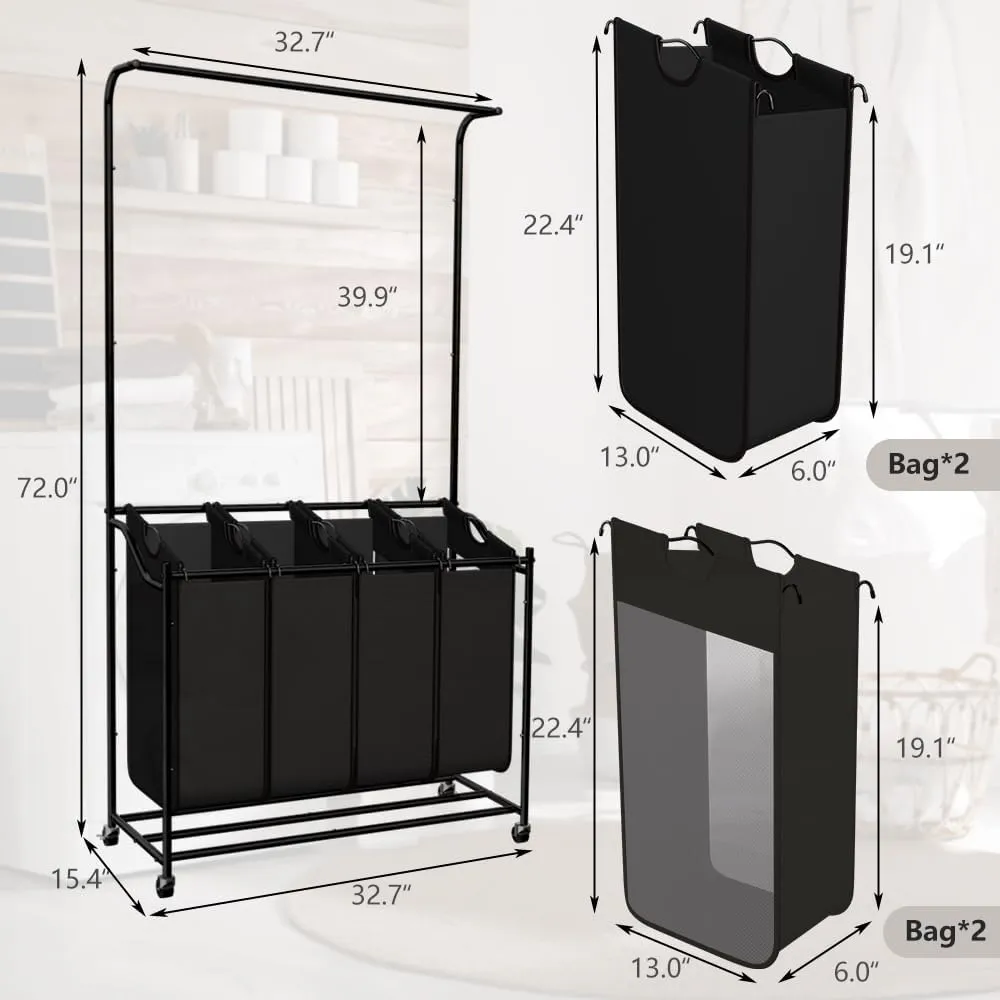 LUCKUP Laundry Sorter 4 Sections with Hanging Bar, 4 Bags Laundry Hamper Rolling Laundry Basket Cart with Lockable Wheels for Laundry Room Bathroom Bedroom, Black