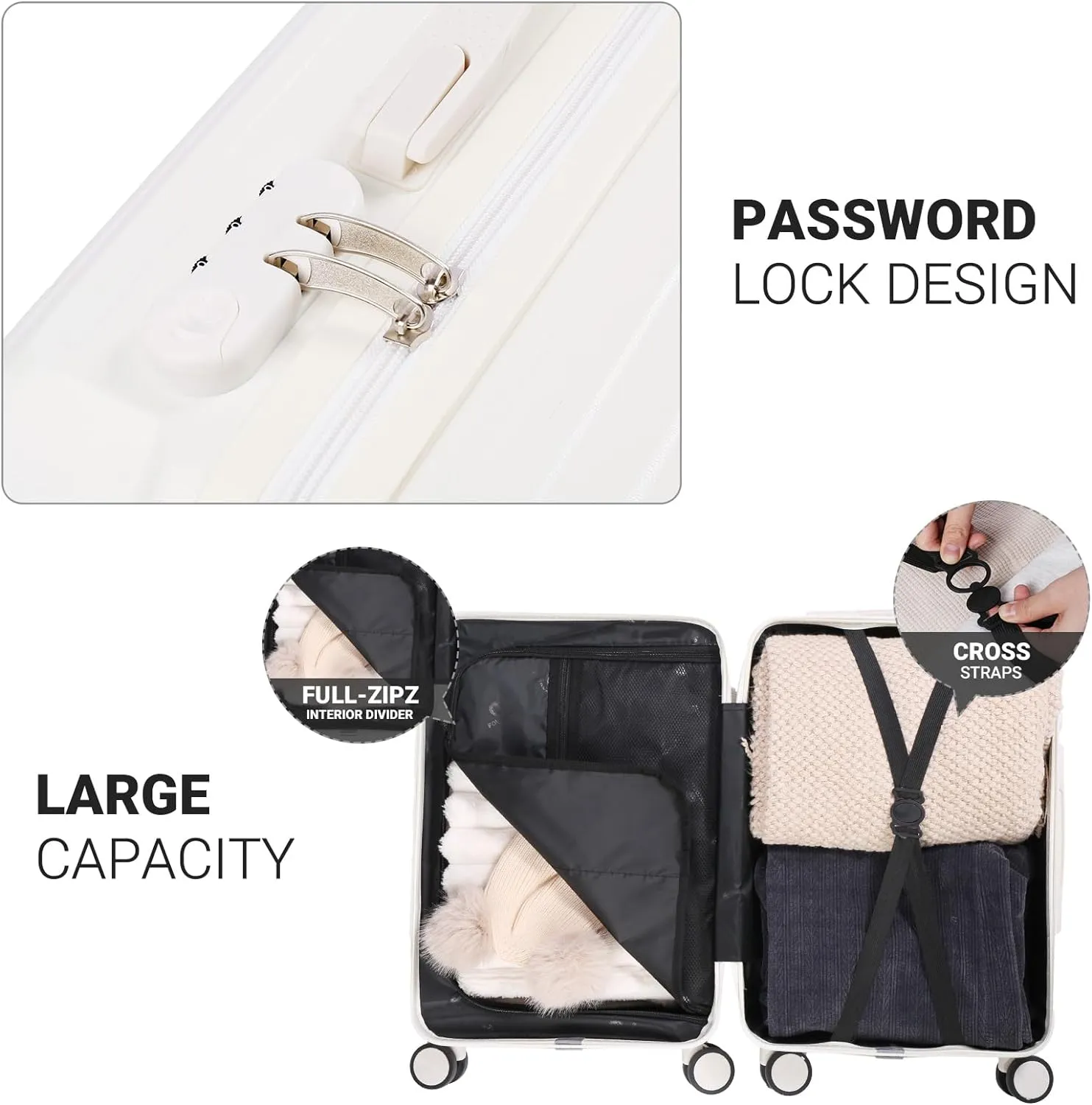 Luggage Set 3 Piece with Cup Holder and USB Charging Port, Hard Side Carry-on Luggage with Spinner Wheels, Lightweight Luggage for Travel, Business (White Bag, Carry-On 20-Inch)