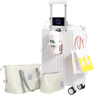Luggage Set 3 Piece with Cup Holder and USB Charging Port, Hard Side Carry-on Luggage with Spinner Wheels, Lightweight Luggage for Travel, Business (White Bag, Carry-On 20-Inch)