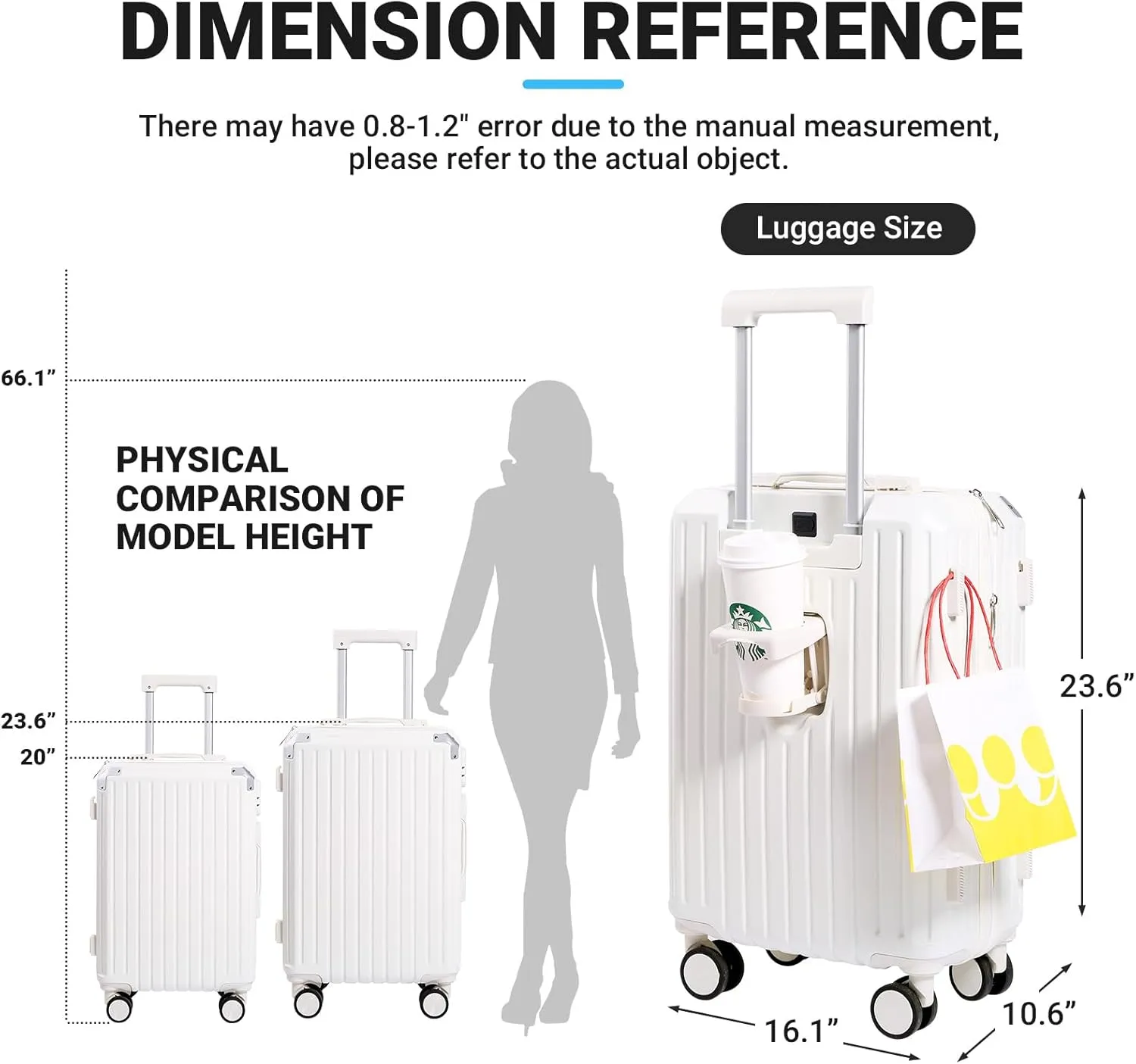 Luggage Set 3 Piece with Cup Holder and USB Charging Port, Hard Side Carry-on Luggage with Spinner Wheels, Lightweight Luggage for Travel, Business (White Bag, Carry-On 20-Inch)