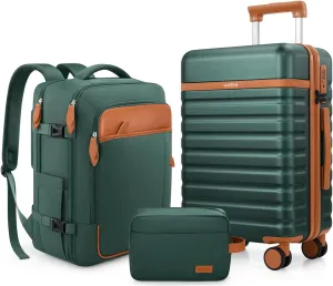 Luggage Sets 3 Piece, Carry On Luggage 20 Inch With Spinner Wheels,PC Hardside Suitcase Set with TSA Lock,Durable Carry On Suitcase With Travel Backpack for Men Women (Green, 3 piece set (20inch))