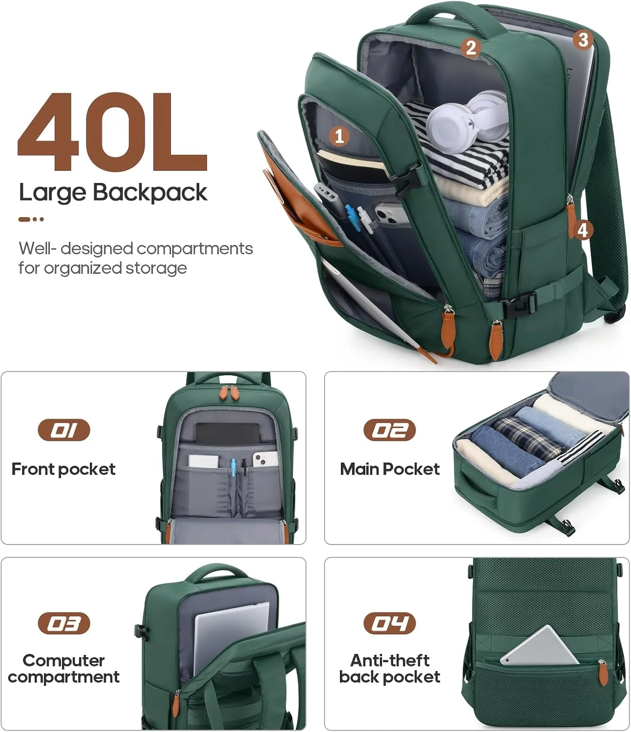 Luggage Sets 3 Piece, Carry On Luggage 20 Inch With Spinner Wheels,PC Hardside Suitcase Set with TSA Lock,Durable Carry On Suitcase With Travel Backpack for Men Women (Green, 3 piece set (20inch))
