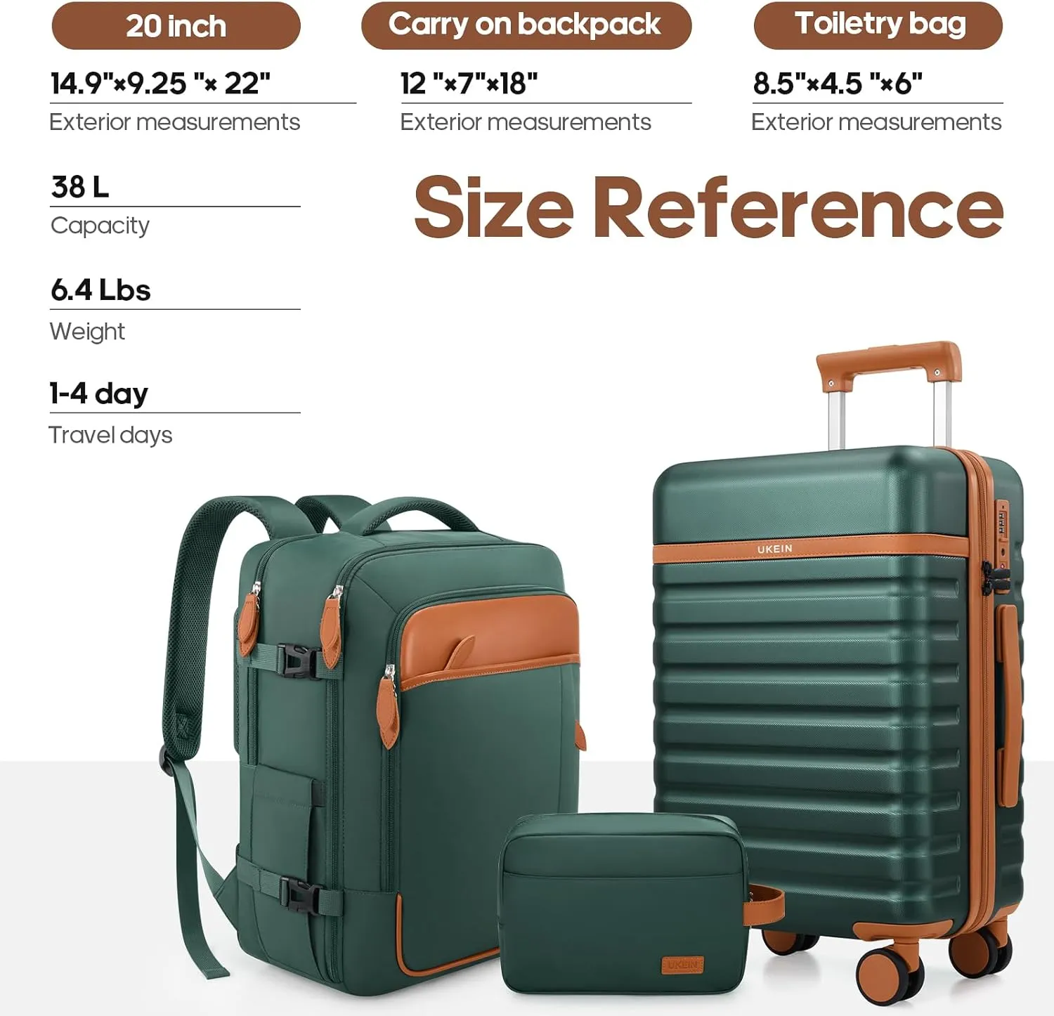 Luggage Sets 3 Piece, Carry On Luggage 20 Inch With Spinner Wheels,PC Hardside Suitcase Set with TSA Lock,Durable Carry On Suitcase With Travel Backpack for Men Women (Green, 3 piece set (20inch))