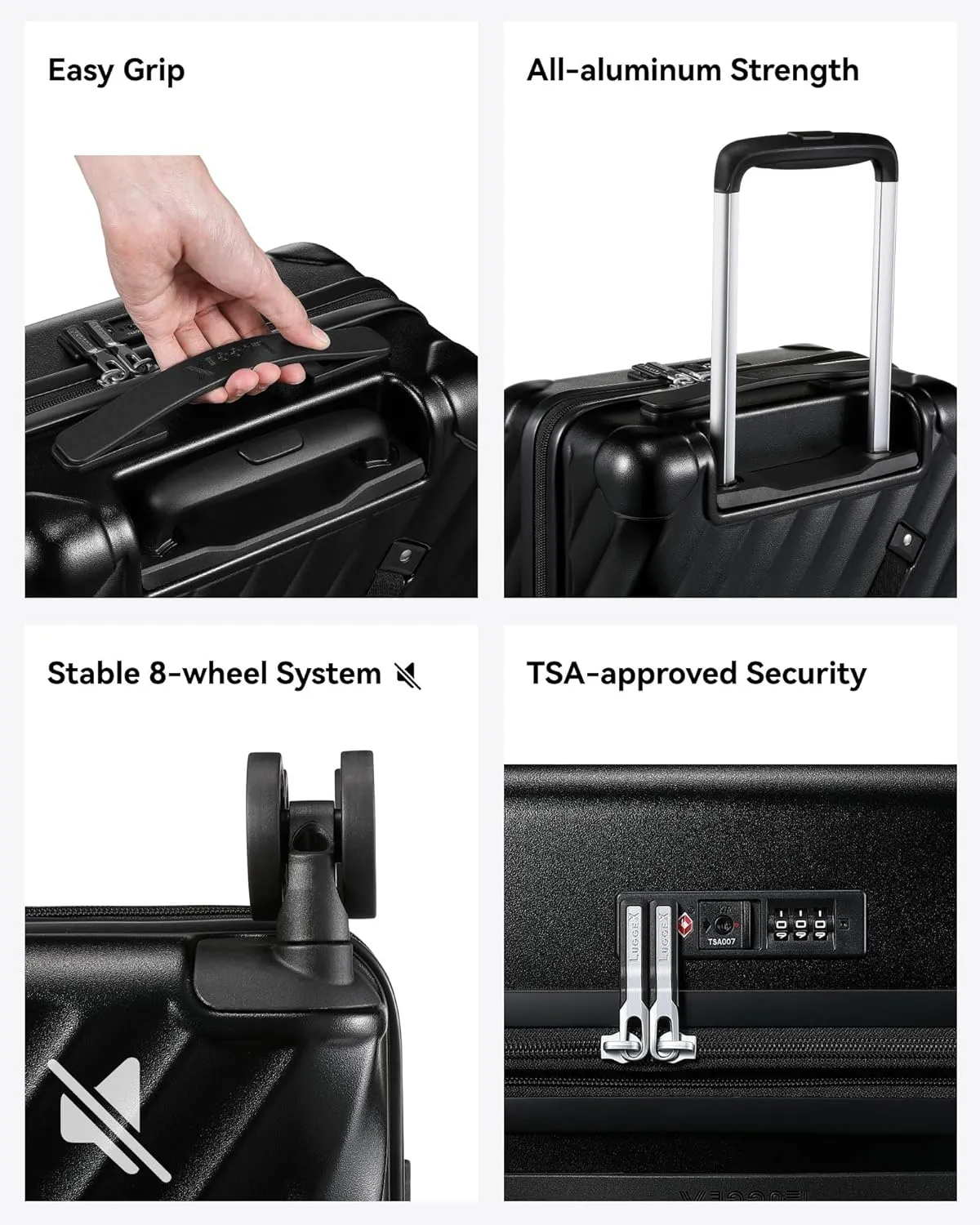 LUGGEX Luggage with Spinner Wheels, Polycarbonate Hard Shell Suitcase, Underseat 15 Inch, Shadow Black