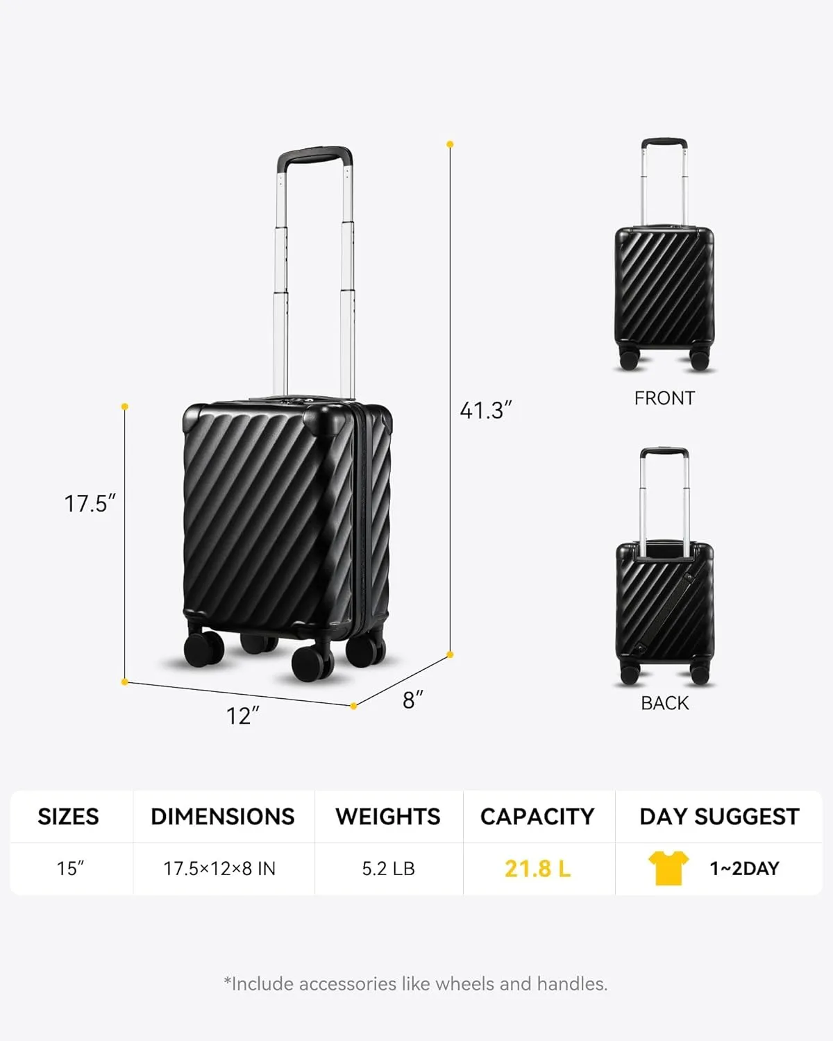 LUGGEX Luggage with Spinner Wheels, Polycarbonate Hard Shell Suitcase, Underseat 15 Inch, Shadow Black
