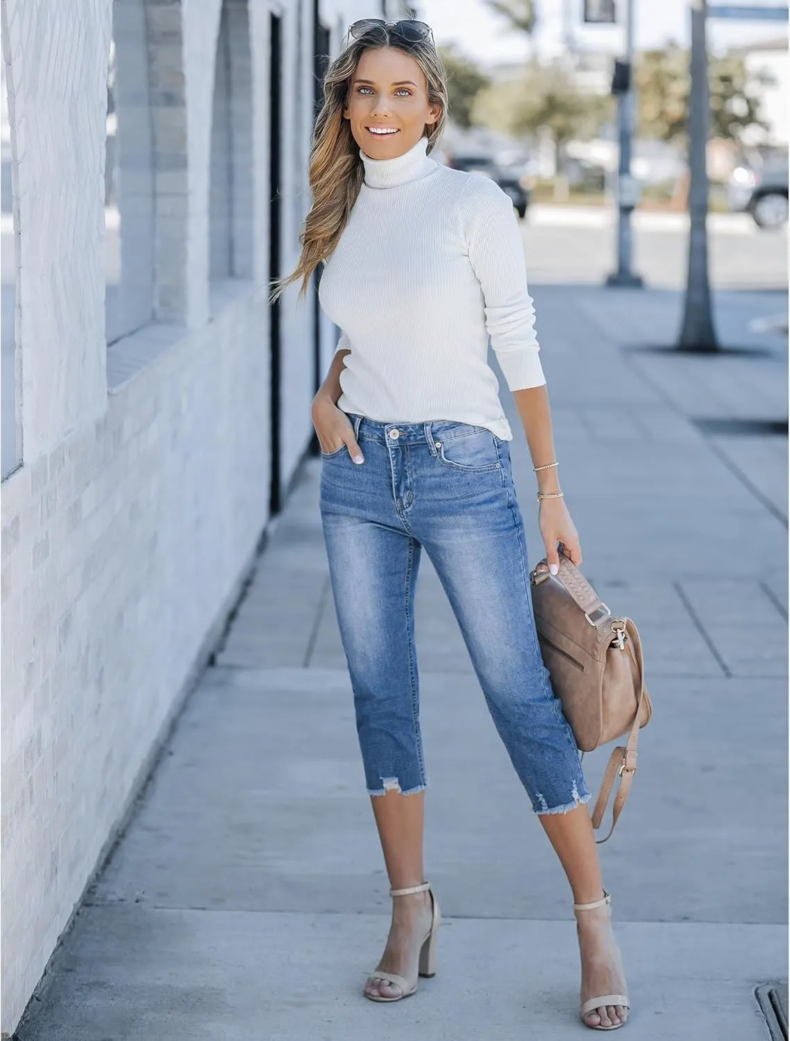 luvamia Jean Capri Pants for Women High Waisted Ripped Skinny Jeans Stretchy Denim Capris Cropped Jeggings with Pockets
