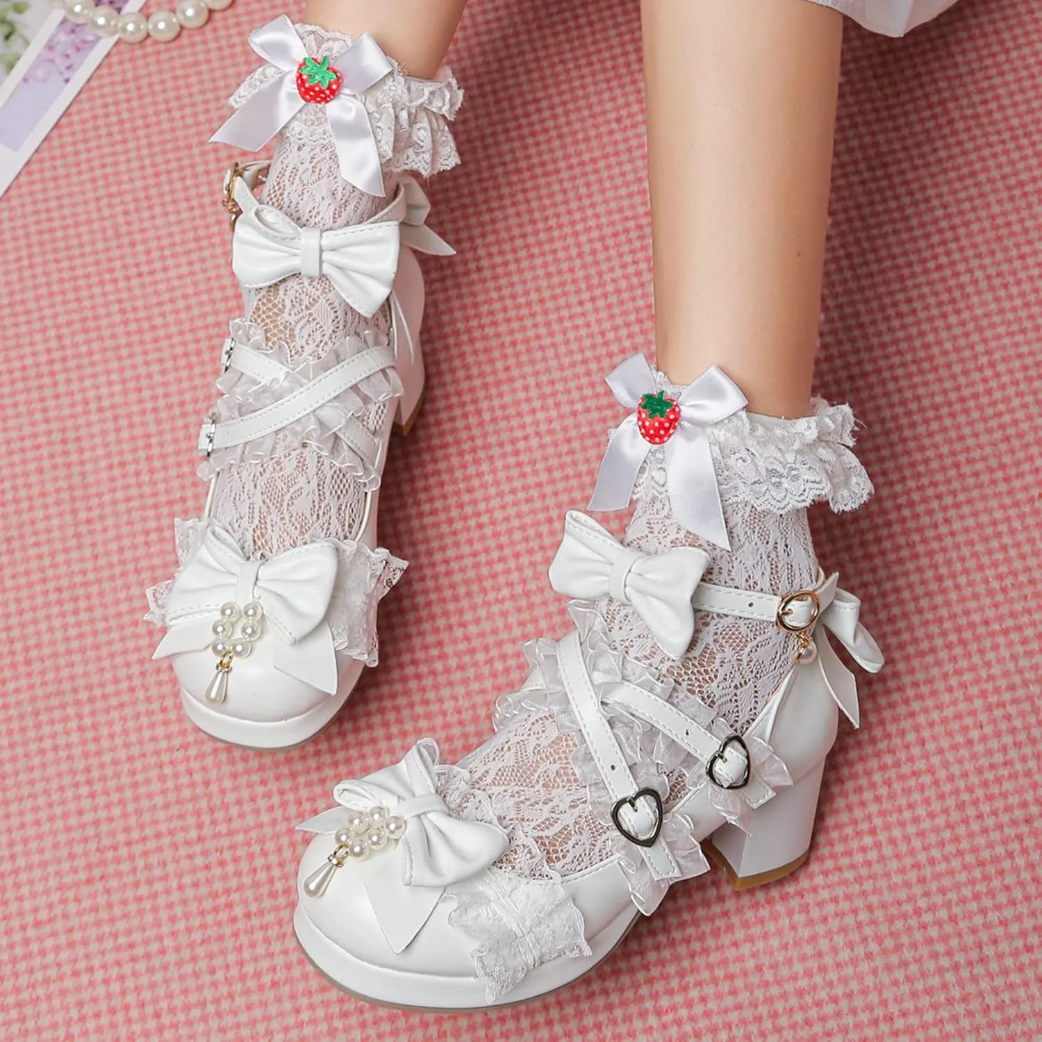 LUXMAX Women's Kawaii Shoes Cross Strap Pumps Cute Ankle Strap Mary Jane Shoes Wedding Lace Mid Chunky Heel Pumps