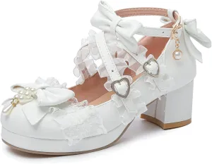 LUXMAX Women's Kawaii Shoes Cross Strap Pumps Cute Ankle Strap Mary Jane Shoes Wedding Lace Mid Chunky Heel Pumps