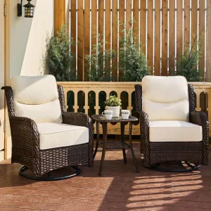 Luxury Outdoor Swivel Rocker Patio Chairs of 2 with 6 Inch Thick Cushions and Side Table, Swivel Outdoor Chairs 3PCS High Back Wicker Patio Furniture Set for Porch, Balcony, Deck in Cream White